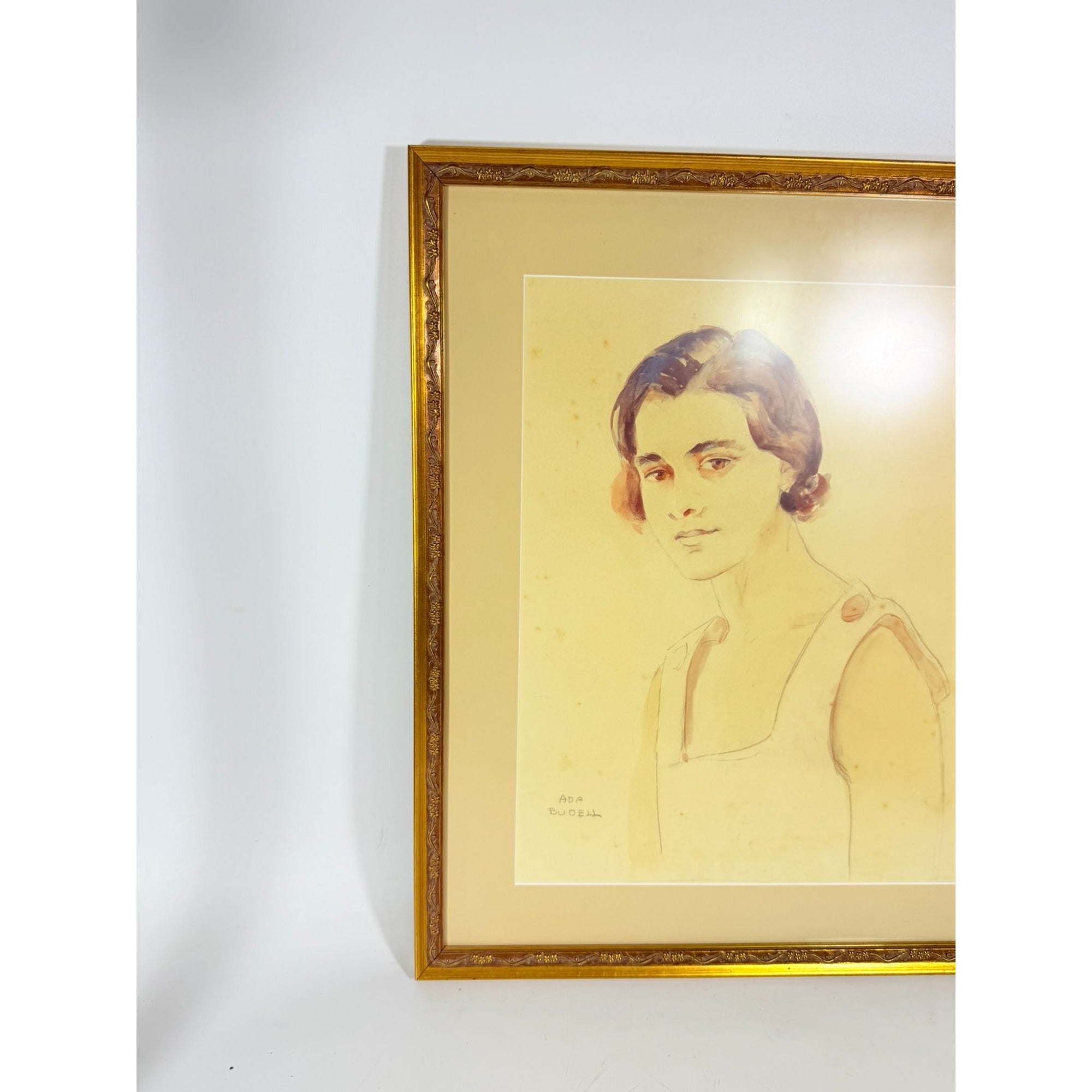 Framed Watercolor Pastel Portrait of a Young Woman Artist Signed Ada Budell Gold Frame Vintage Wall Art Home Decor