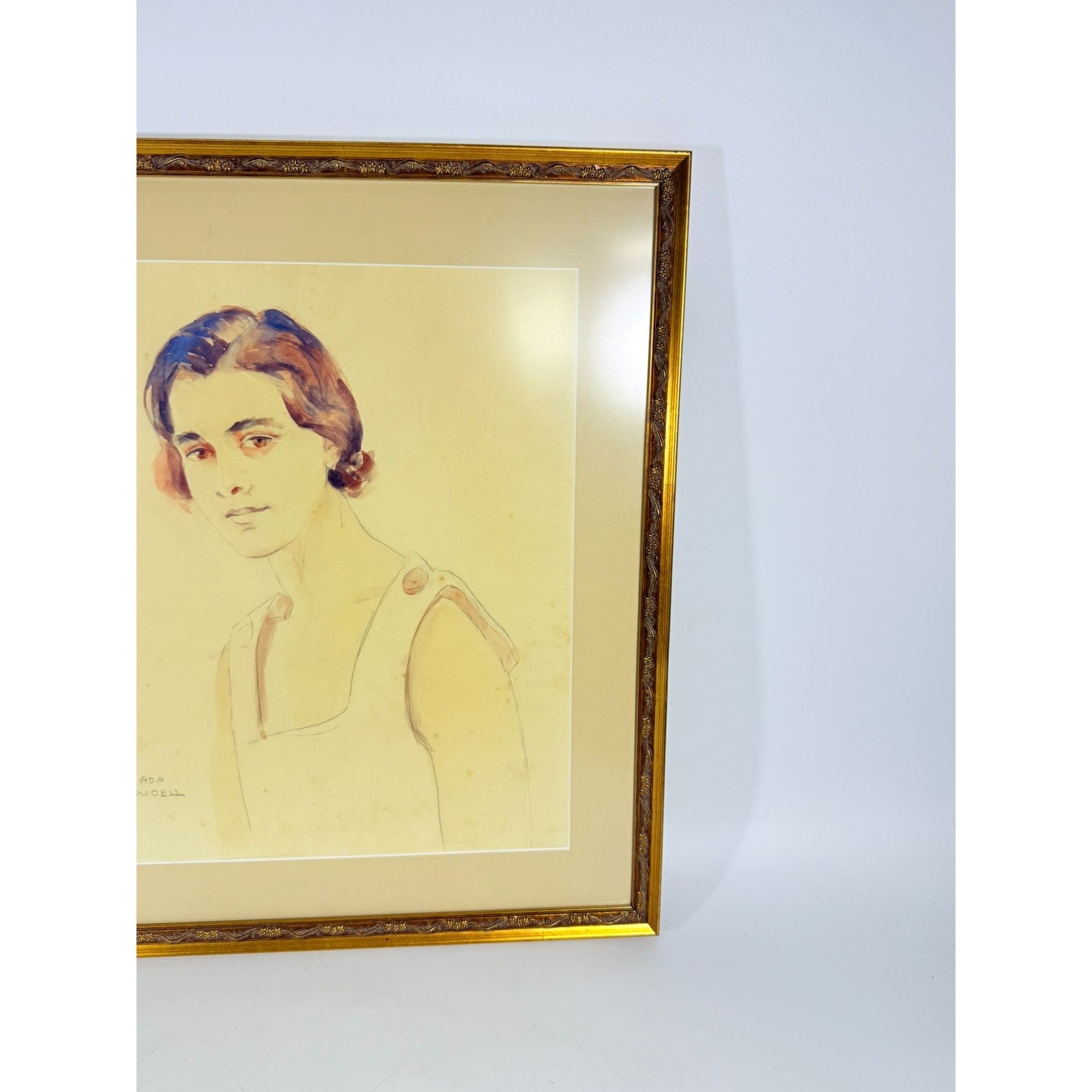 Framed Watercolor Pastel Portrait of a Young Woman Artist Signed Ada Budell Gold Frame Vintage Wall Art Home Decor