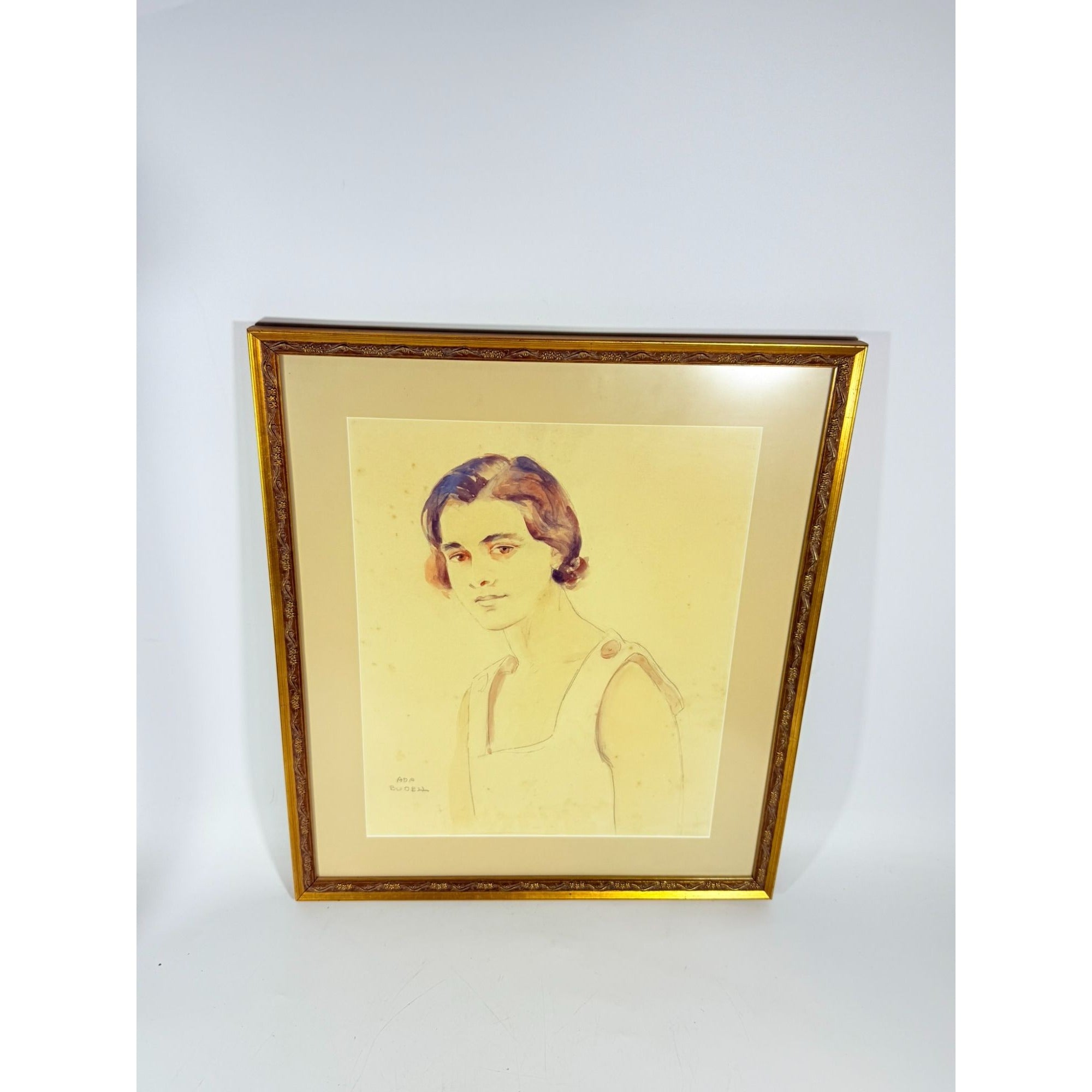 Framed Watercolor Pastel Portrait of a Young Woman Artist Signed Ada Budell Gold Frame Vintage Wall Art Home Decor