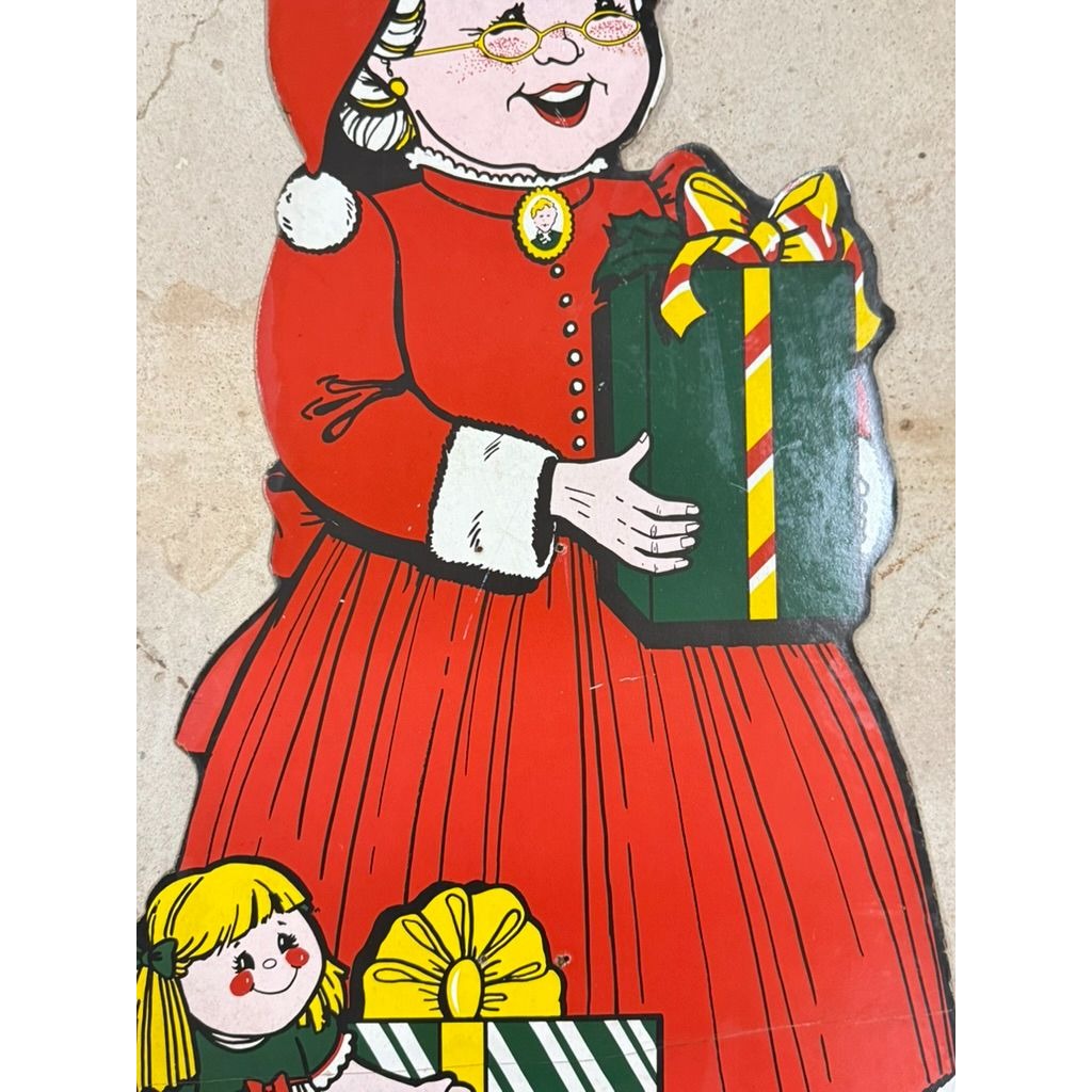 Mrs. Claus Cutout Wall Decor 1950’s-1960’s Era Masonite Board Vintage Christmas Cartoon Mid Century Retro Holiday Seasonal Decor