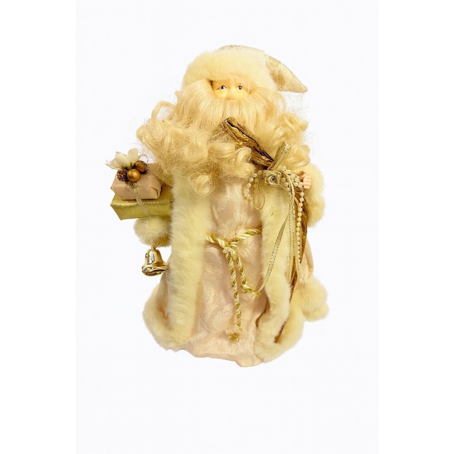 Tree Topper Christmas Santa Porcelain Face Figurine Statue Vintage | Lace Gold Trimmed Cream Gold Presents Bells Victorian Old World Holiday