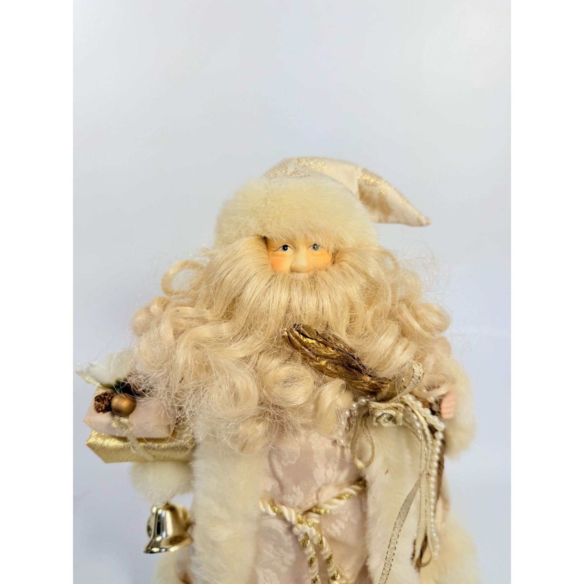 Tree Topper Christmas Santa Porcelain Face Figurine Statue Vintage | Lace Gold Trimmed Cream Gold Presents Bells Victorian Old World Holiday