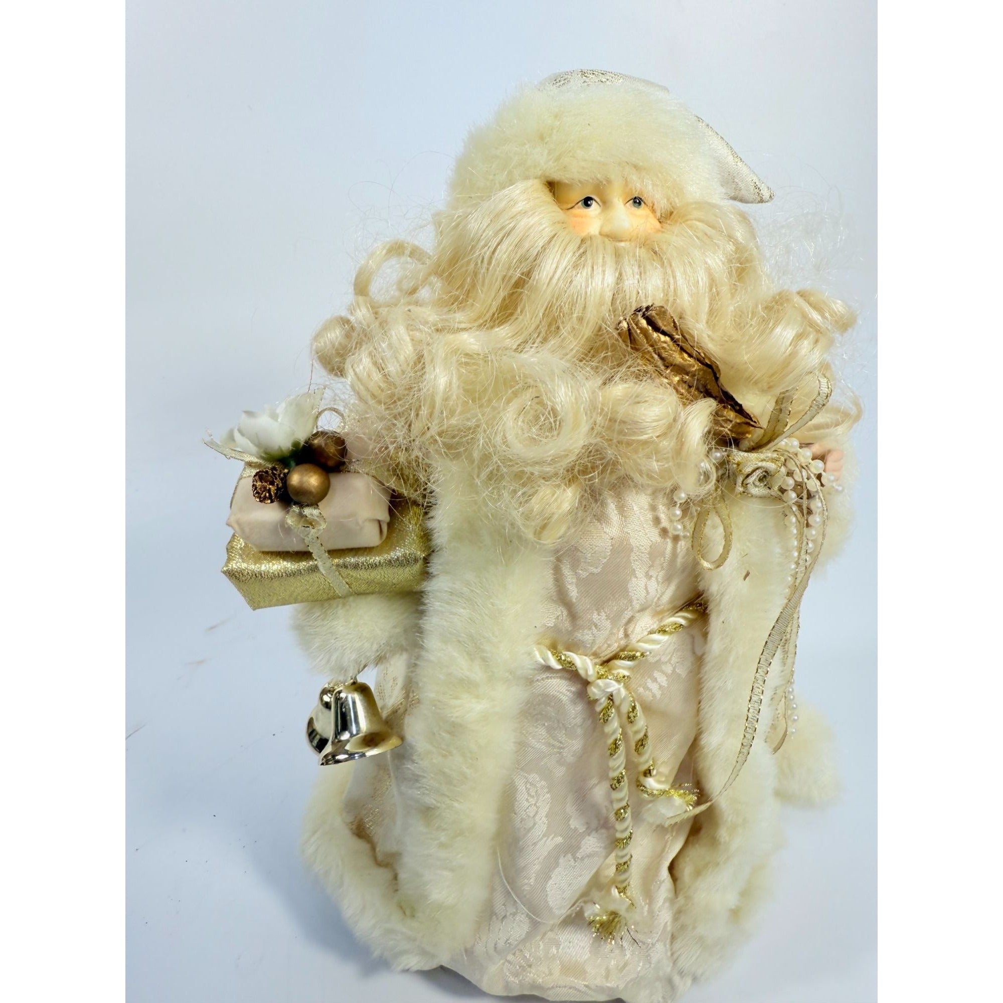 Tree Topper Christmas Santa Porcelain Face Figurine Statue Vintage | Lace Gold Trimmed Cream Gold Presents Bells Victorian Old World Holiday