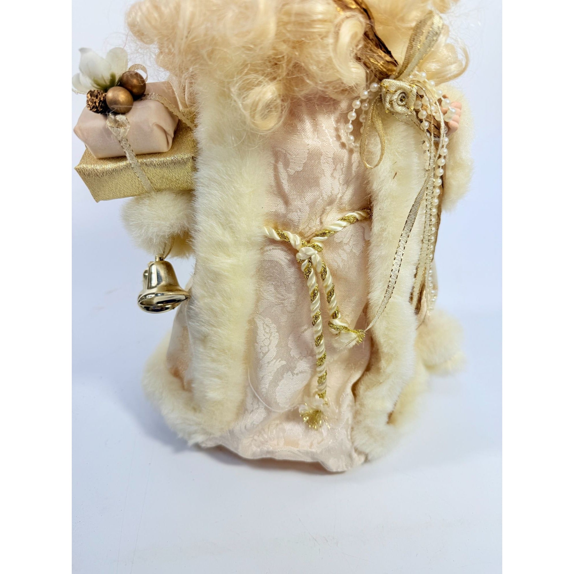 Tree Topper Christmas Santa Porcelain Face Figurine Statue Vintage | Lace Gold Trimmed Cream Gold Presents Bells Victorian Old World Holiday
