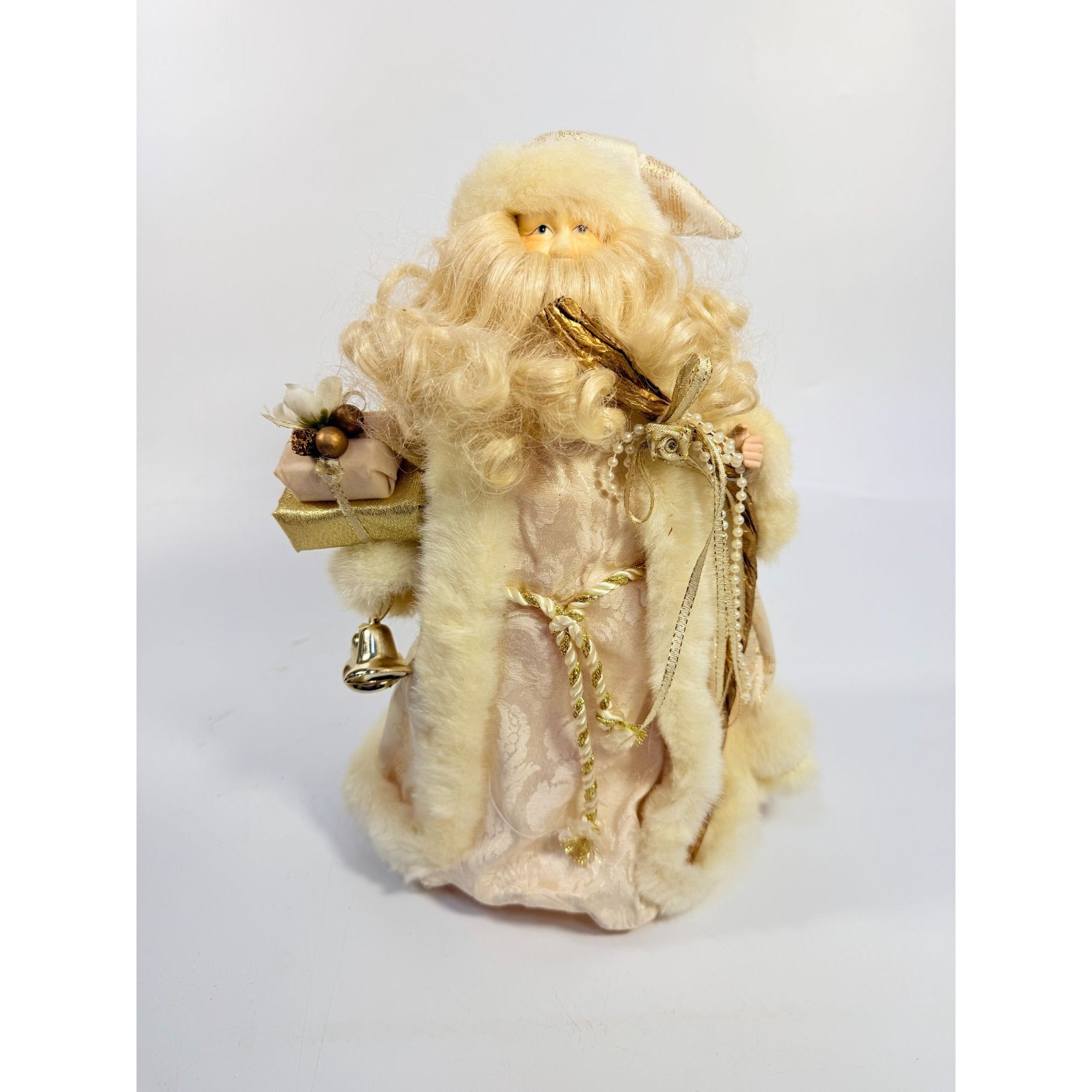 Tree Topper Christmas Santa Porcelain Face Figurine Statue Vintage | Lace Gold Trimmed Cream Gold Presents Bells Victorian Old World Holiday