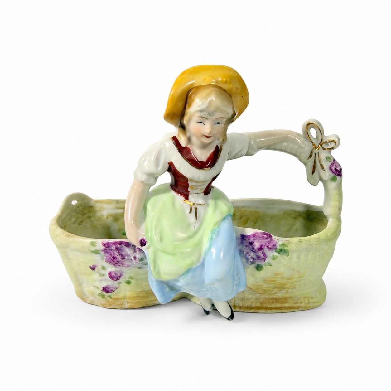 Double Planter Dutch Girl Lipper and Mann Woman Sitting on Basket Porcelain Japan Vintage Flower Vase Home Decor Decorative Accents