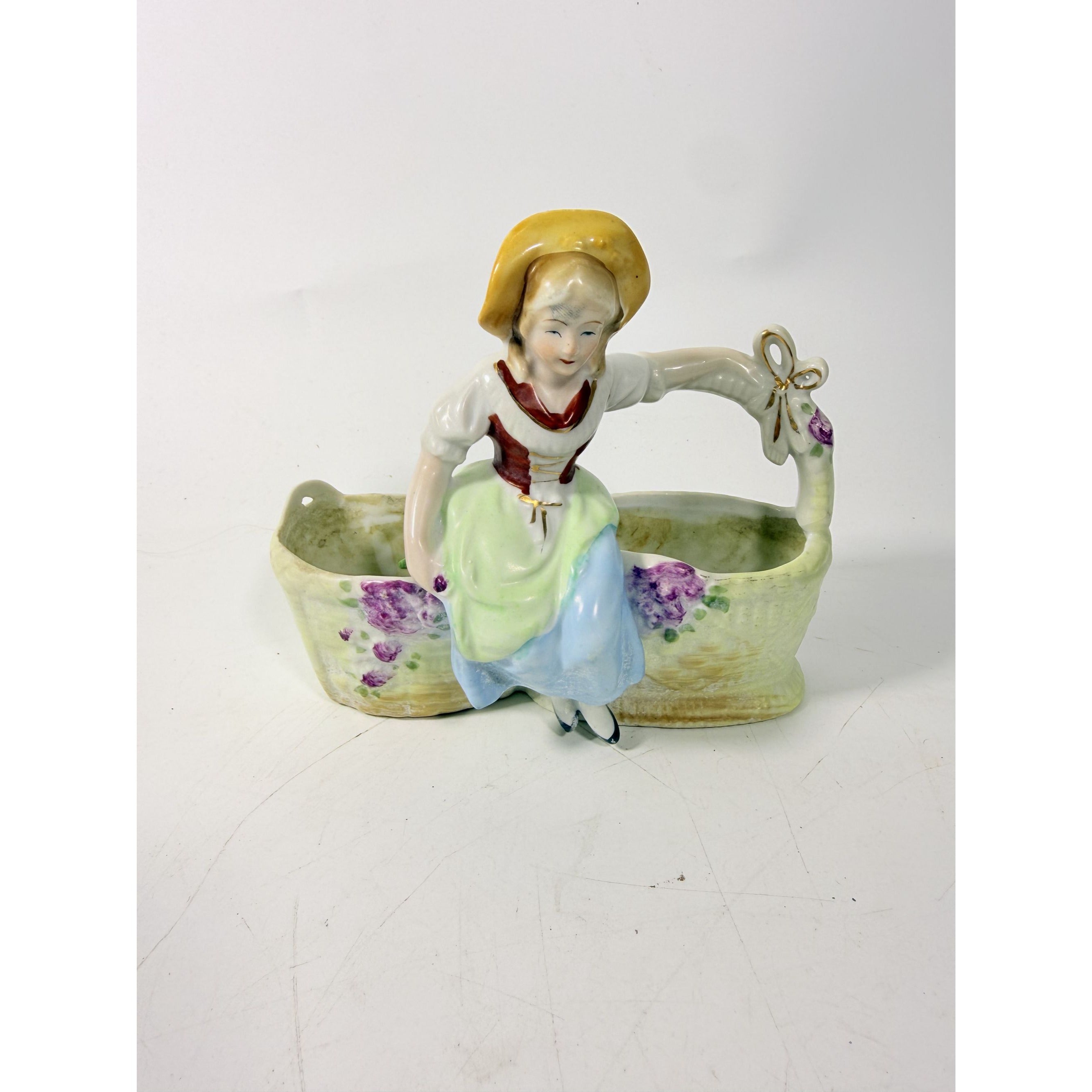 Double Planter Dutch Girl Lipper and Mann Woman Sitting on Basket Porcelain Japan Vintage Flower Vase Home Decor Decorative Accents