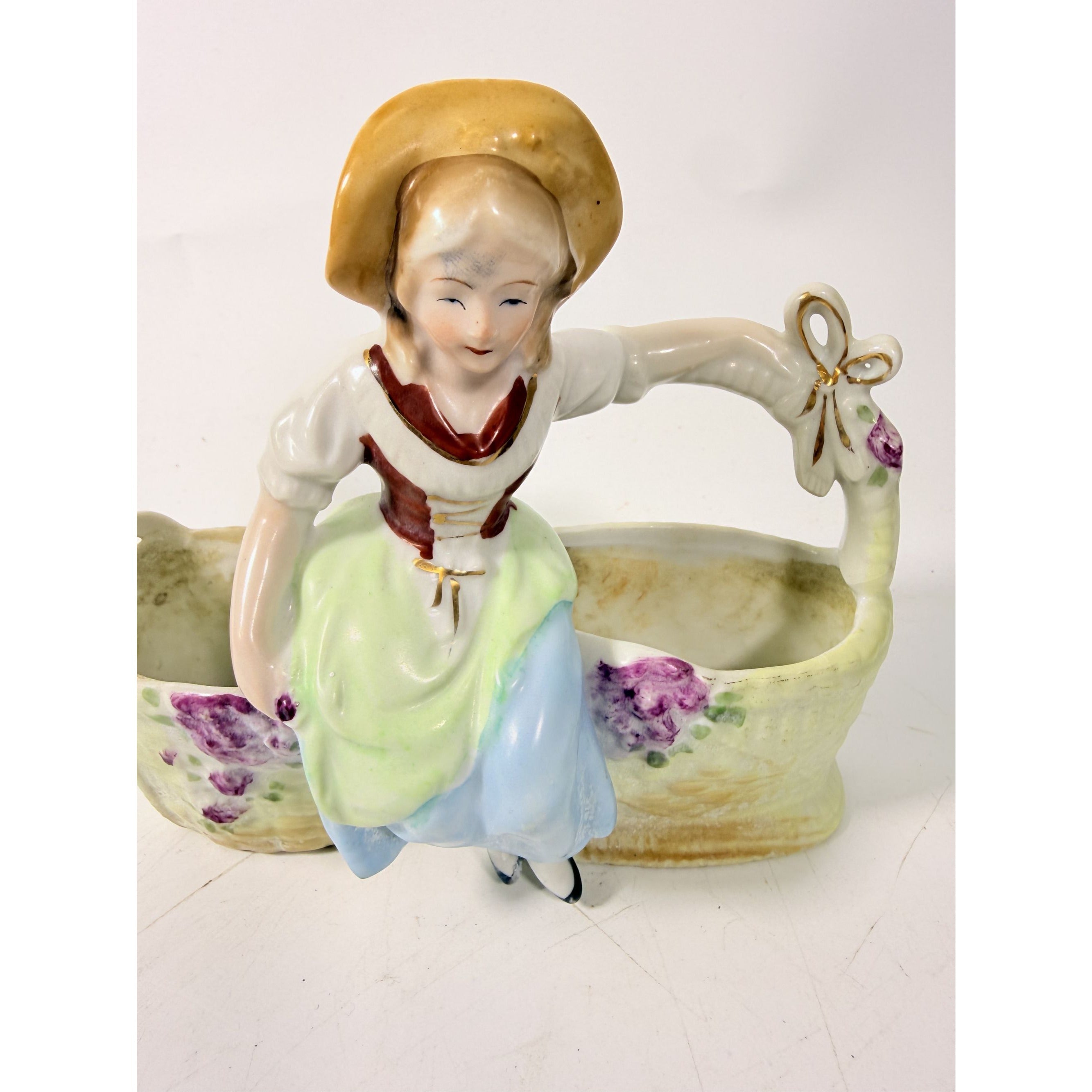 Double Planter Dutch Girl Lipper and Mann Woman Sitting on Basket Porcelain Japan Vintage Flower Vase Home Decor Decorative Accents
