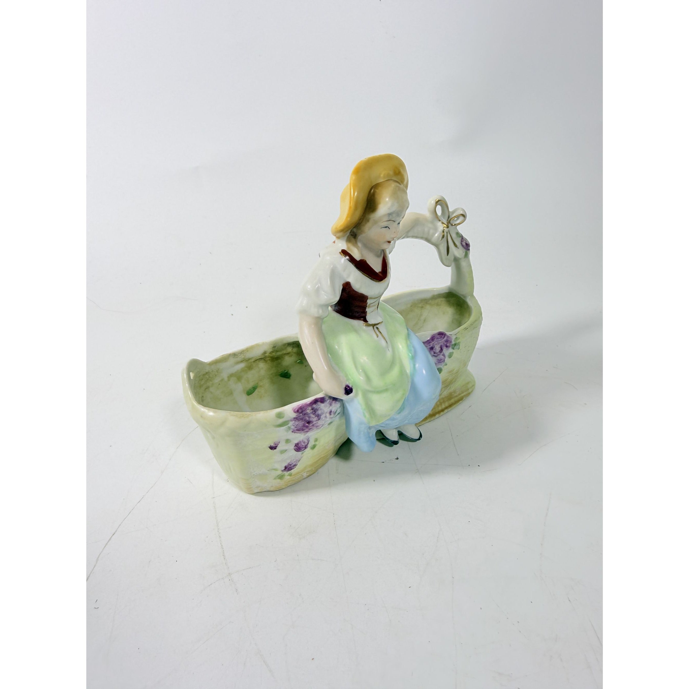 Double Planter Dutch Girl Lipper and Mann Woman Sitting on Basket Porcelain Japan Vintage Flower Vase Home Decor Decorative Accents