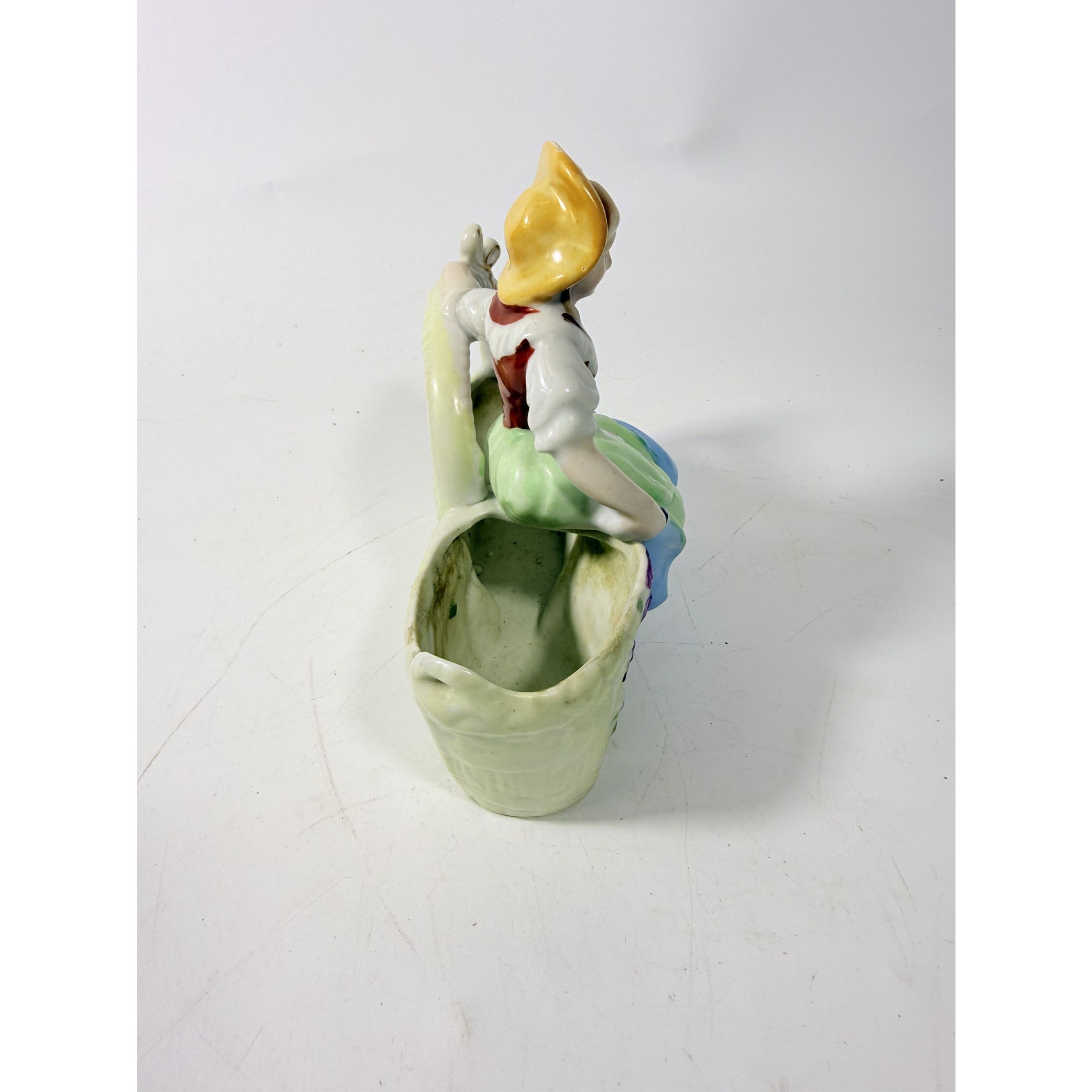 Double Planter Dutch Girl Lipper and Mann Woman Sitting on Basket Porcelain Japan Vintage Flower Vase Home Decor Decorative Accents