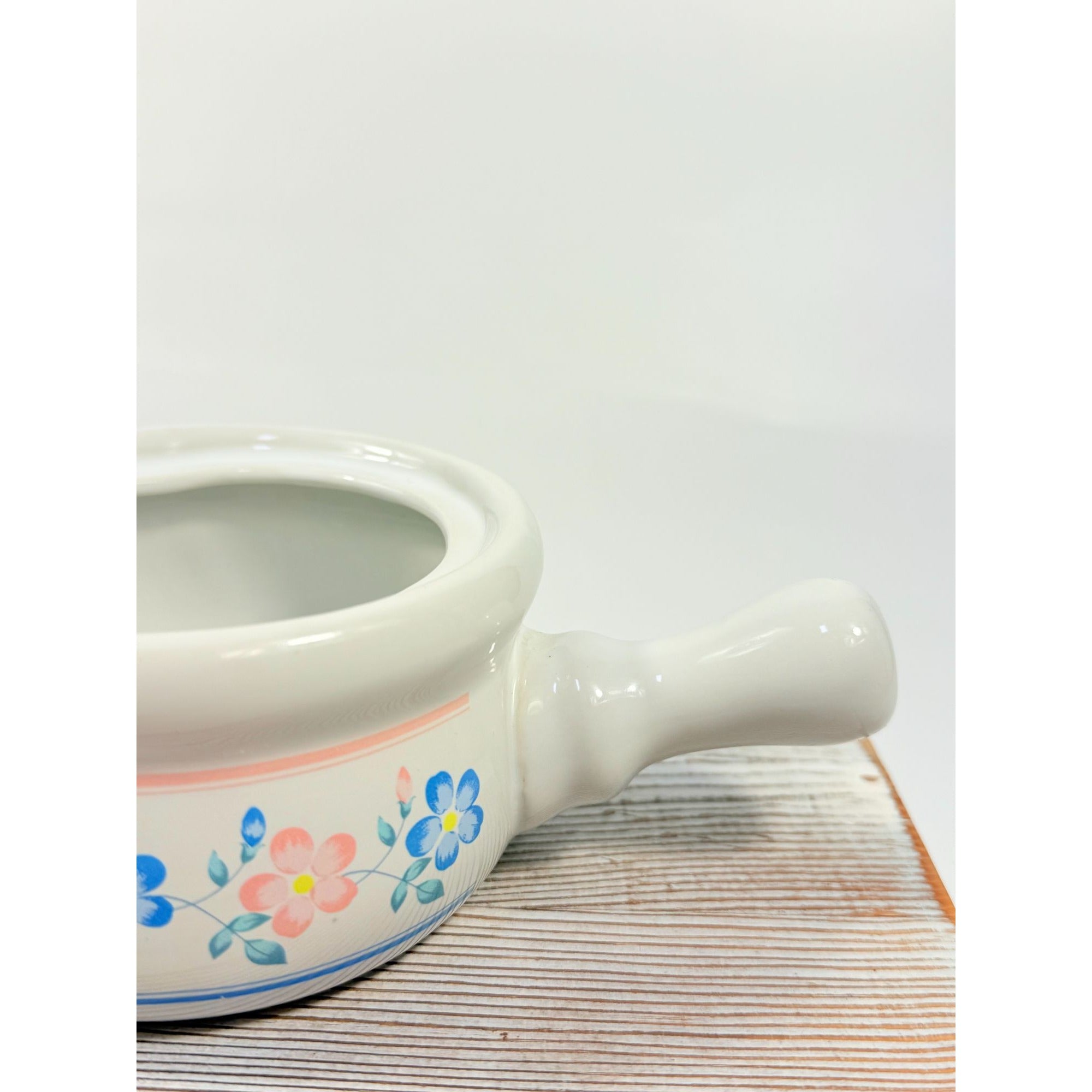Vintage Set 4 | French Onion Soup Crock Bowl With Lid & Handle |  Blue Pink Flowers | Cottage core Grandma Granny Core | Ceramic Glazed