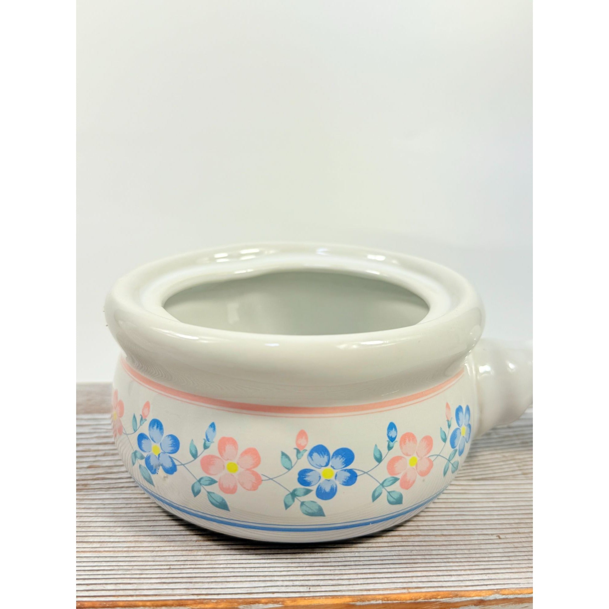 Vintage Set 4 | French Onion Soup Crock Bowl With Lid & Handle |  Blue Pink Flowers | Cottage core Grandma Granny Core | Ceramic Glazed