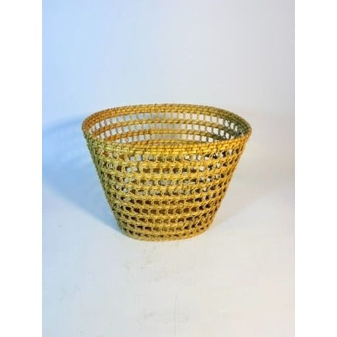 Small Wicker Trash Can Basket Mid Century Natural Fibers Vintage Handwoven Danish Rattan Open Weave Tapered