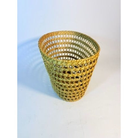 Small Wicker Trash Can Basket Mid Century Natural Fibers Vintage Handwoven Danish Rattan Open Weave Tapered