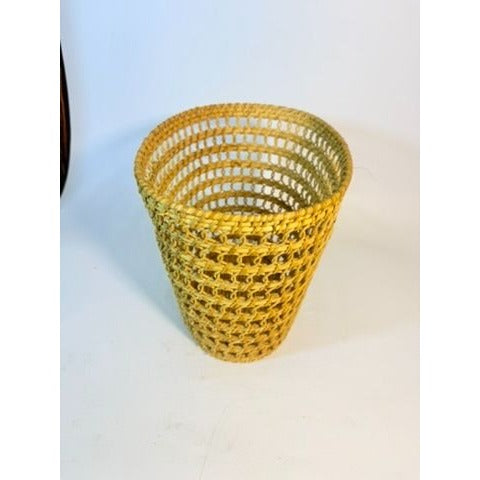 Small Wicker Trash Can Basket Mid Century Natural Fibers Vintage Handwoven Danish Rattan Open Weave Tapered