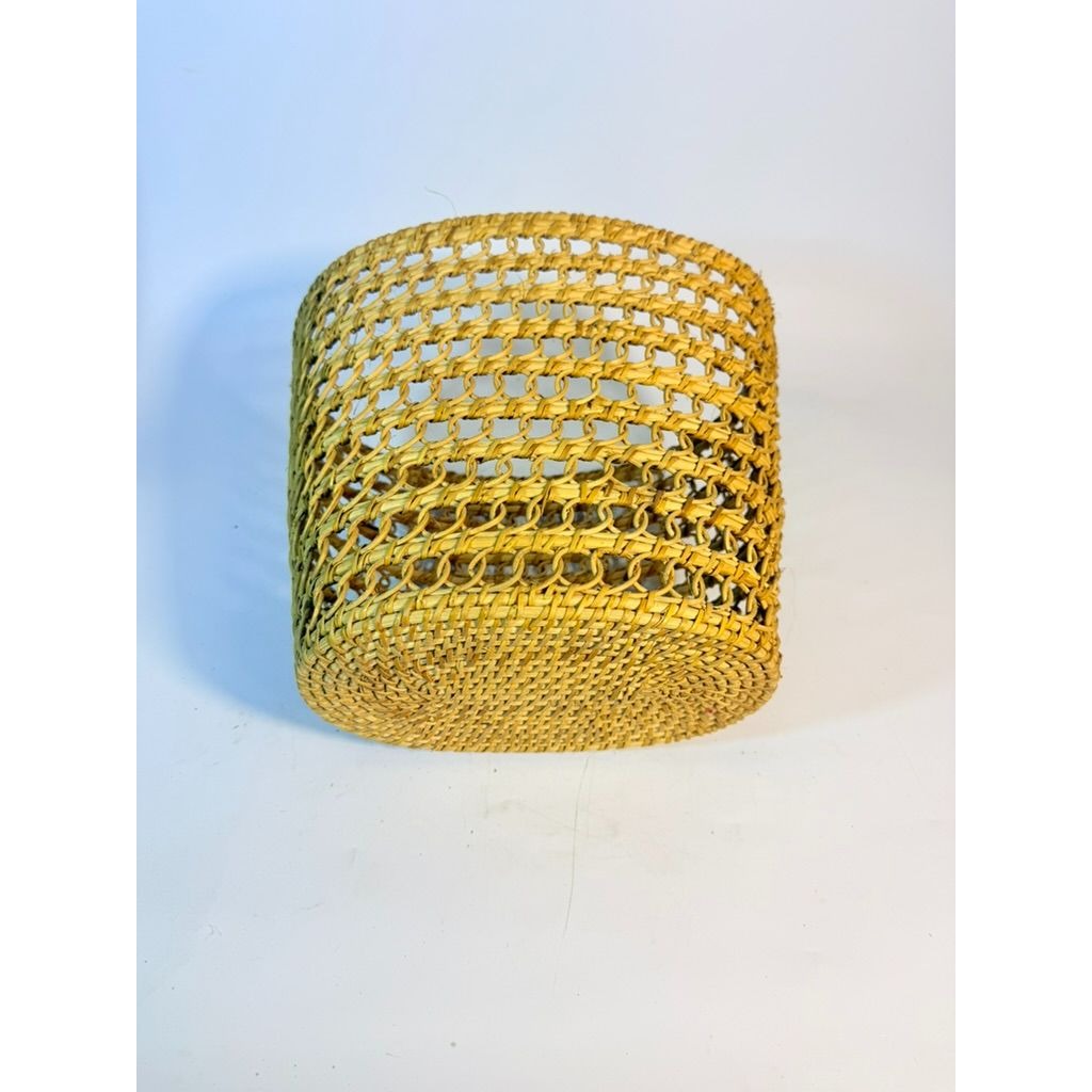 Small Wicker Trash Can Basket Mid Century Natural Fibers Vintage Handwoven Danish Rattan Open Weave Tapered