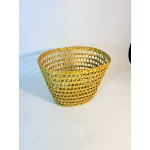 Small Wicker Trash Can Basket Mid Century Natural Fibers Vintage Handwoven Danish Rattan Open Weave Tapered