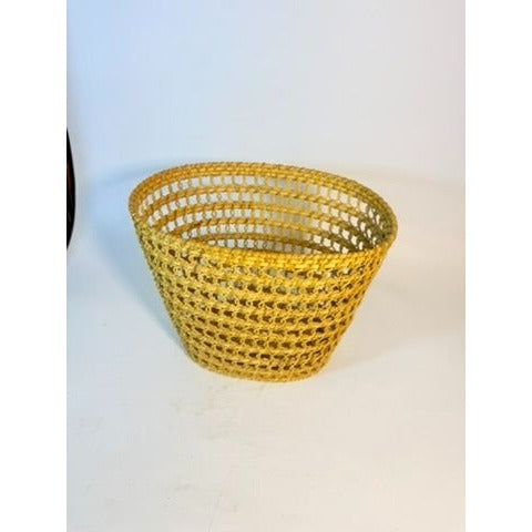 Small Wicker Trash Can Basket Mid Century Natural Fibers Vintage Handwoven Danish Rattan Open Weave Tapered