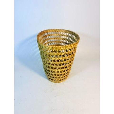 Small Wicker Trash Can Basket Mid Century Natural Fibers Vintage Handwoven Danish Rattan Open Weave Tapered