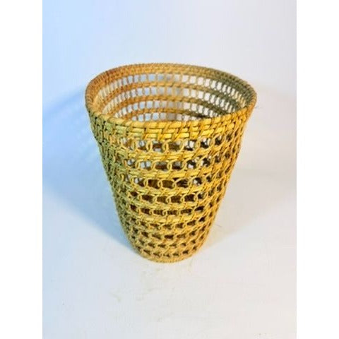 Small Wicker Trash Can Basket Mid Century Natural Fibers Vintage Handwoven Danish Rattan Open Weave Tapered