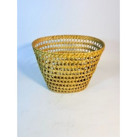 Small Wicker Trash Can Basket Mid Century Natural Fibers Vintage Handwoven Danish Rattan Open Weave Tapered