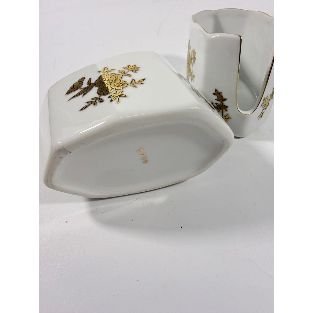 Silverware Servers Buffet Spoon Fork Stacking Holder Rest Set 2 Andrea by Sadak Floral Gold White Porcelain Ceramic Replacement China