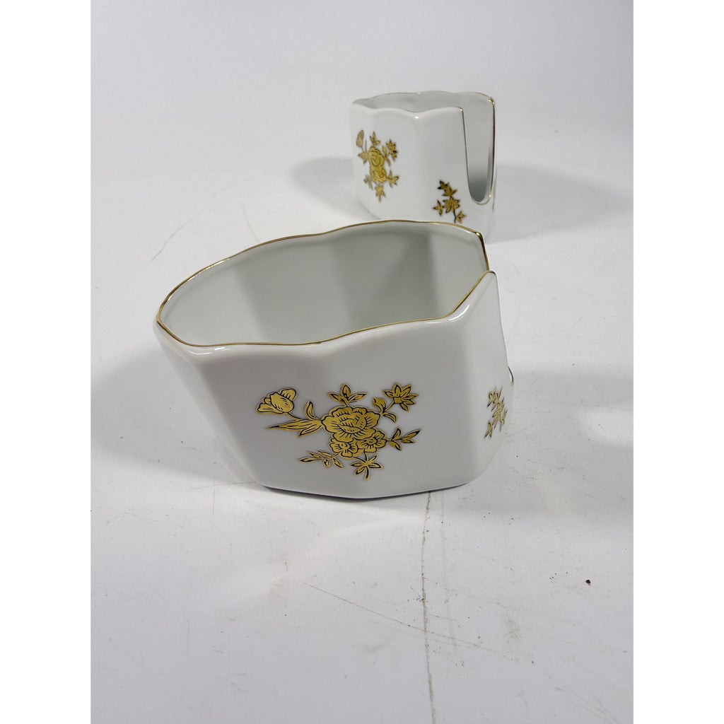 Silverware Servers Buffet Spoon Fork Stacking Holder Rest Set 2 Andrea by Sadak Floral Gold White Porcelain Ceramic Replacement China