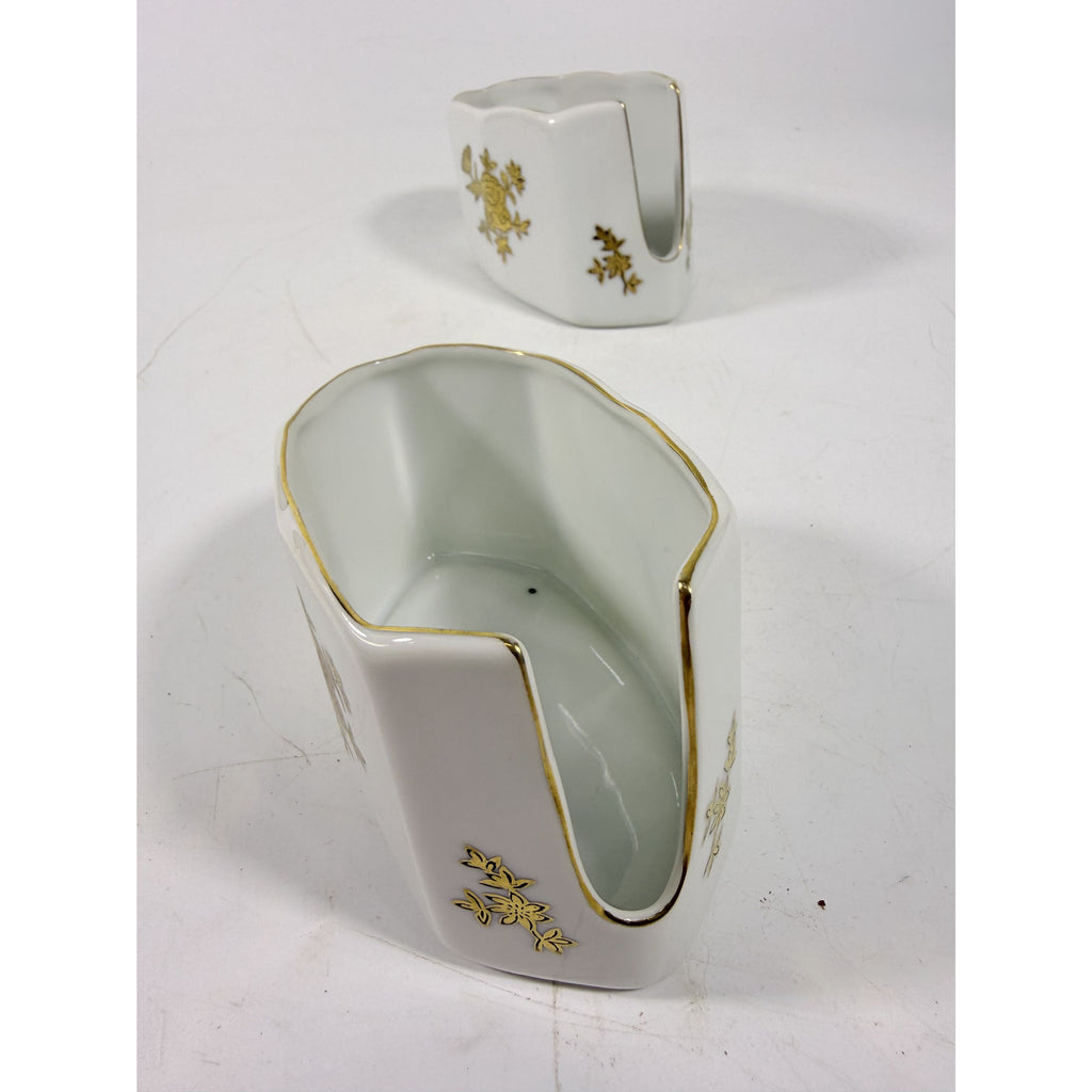 Silverware Servers Buffet Spoon Fork Stacking Holder Rest Set 2 Andrea by Sadak Floral Gold White Porcelain Ceramic Replacement China