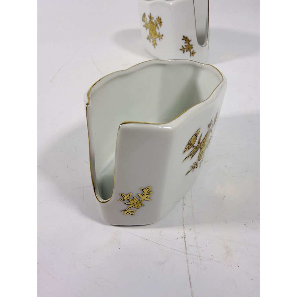 Silverware Servers Buffet Spoon Fork Stacking Holder Rest Set 2 Andrea by Sadak Floral Gold White Porcelain Ceramic Replacement China