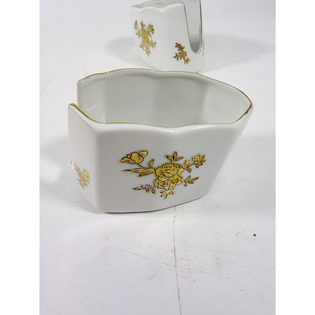 Silverware Servers Buffet Spoon Fork Stacking Holder Rest Set 2 Andrea by Sadak Floral Gold White Porcelain Ceramic Replacement China