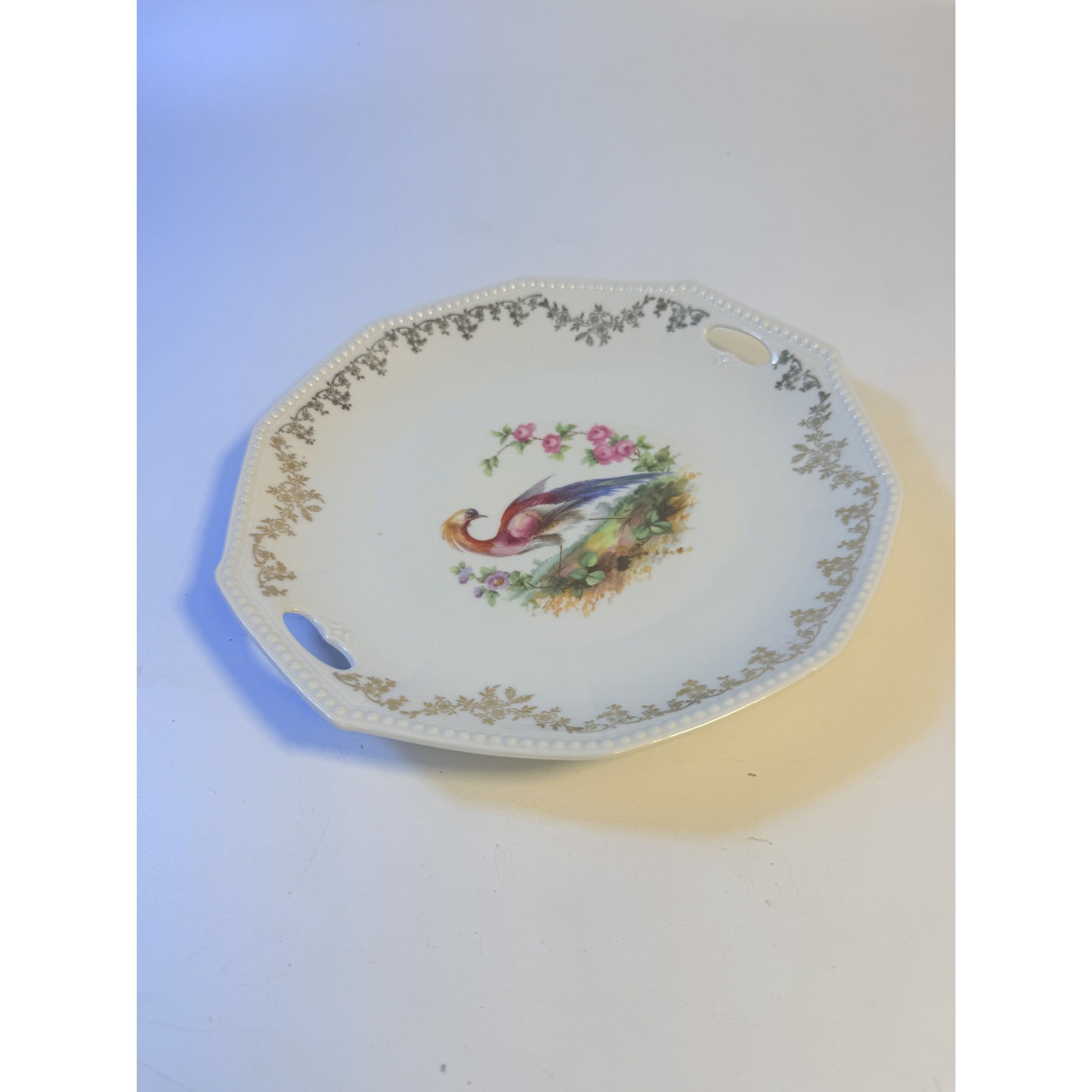 Cake Platter Plate Peaccock Otto Gruenert Kahla Iridescent Bird Design German Replacement China Galler Wall Art Serving Pieces Floral Gold