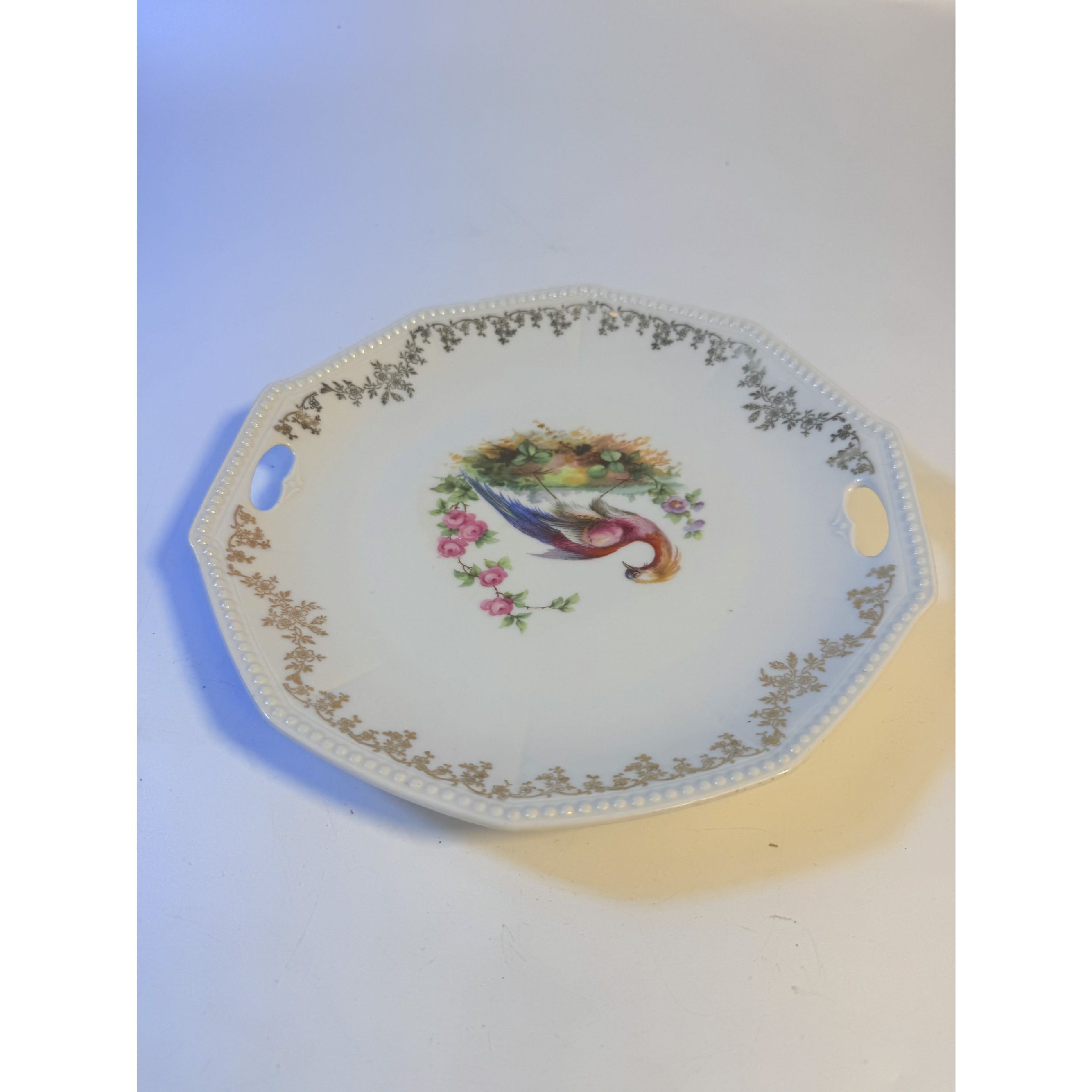 Cake Platter Plate Peaccock Otto Gruenert Kahla Iridescent Bird Design German Replacement China Galler Wall Art Serving Pieces Floral Gold