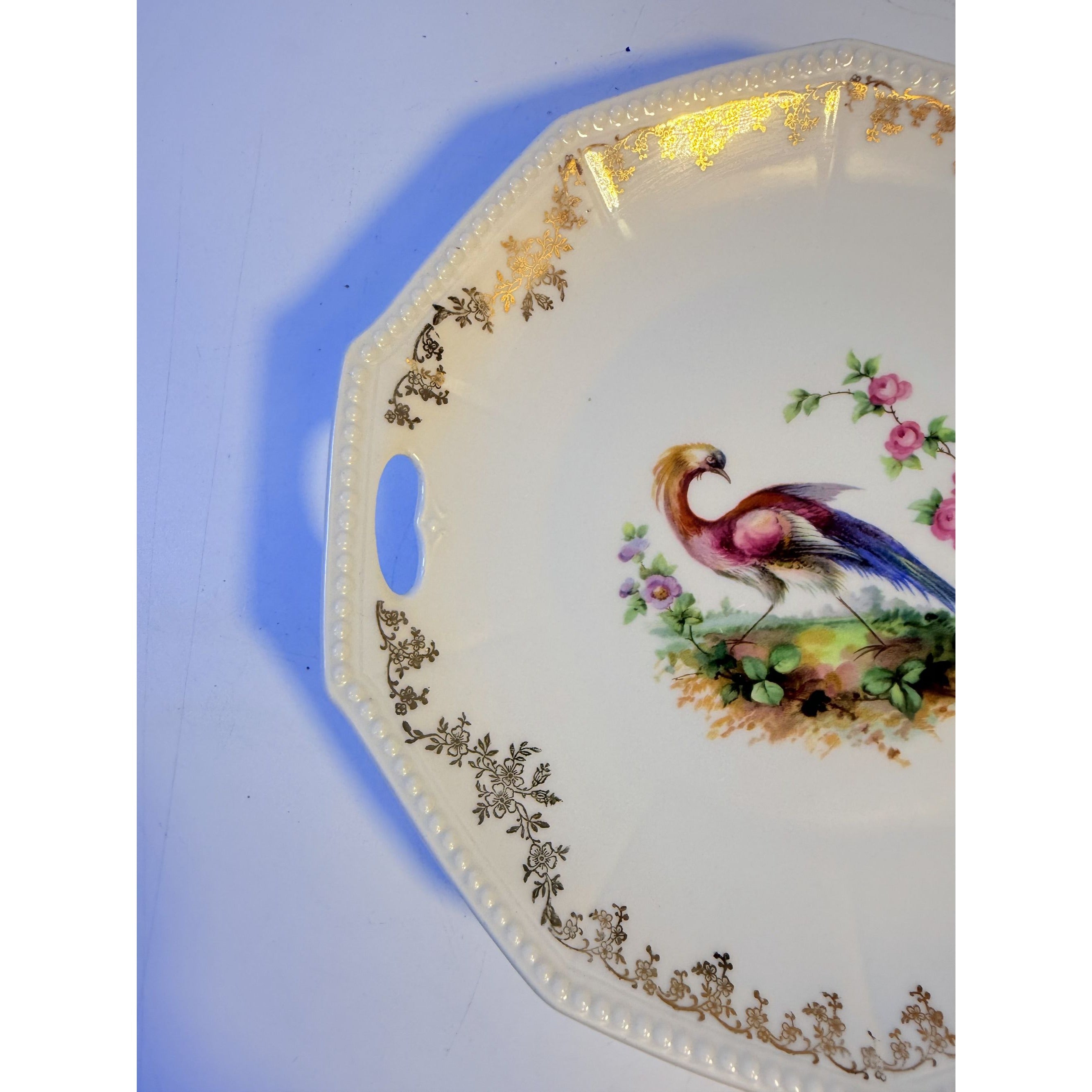 Cake Platter Plate Peaccock Otto Gruenert Kahla Iridescent Bird Design German Replacement China Galler Wall Art Serving Pieces Floral Gold
