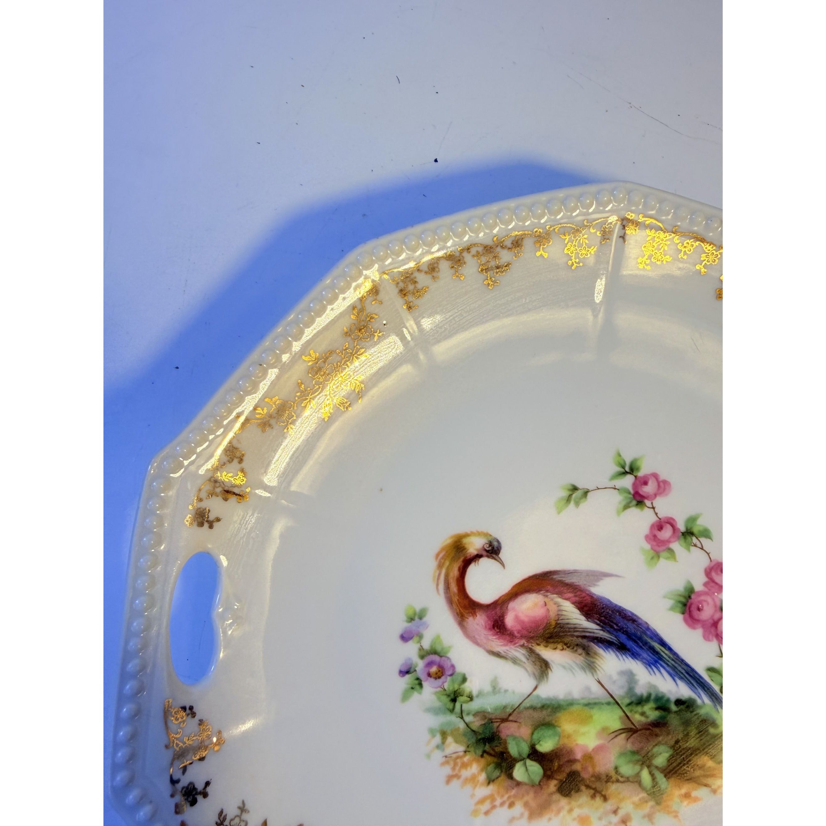 Cake Platter Plate Peaccock Otto Gruenert Kahla Iridescent Bird Design German Replacement China Galler Wall Art Serving Pieces Floral Gold