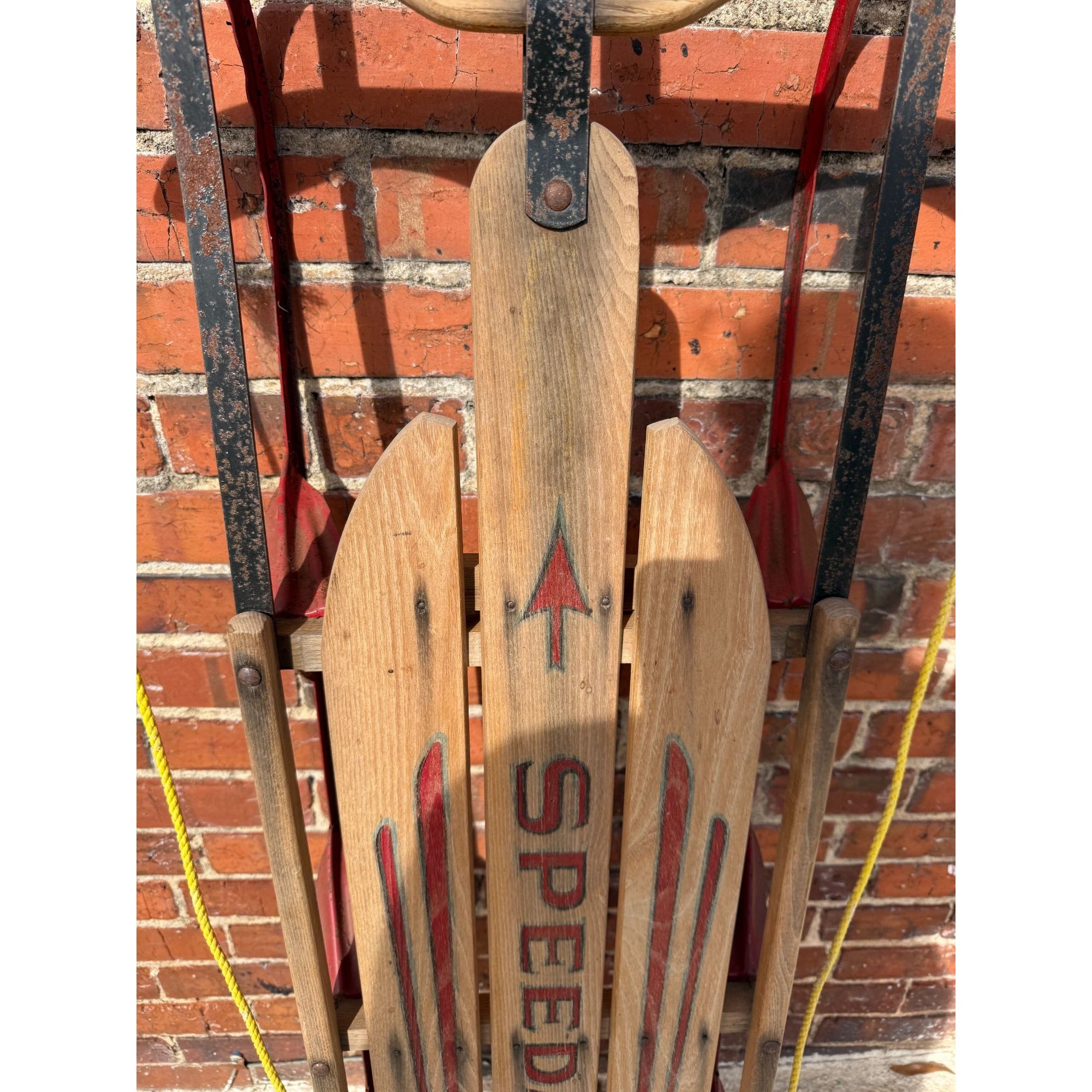 Downhill Snow Sled Rail Tobbggan Vintage Paris Mfg Speedway Model 848 53" Downhill Snow Sled Rail Red Steel Runner Rustic Winter Home Decor