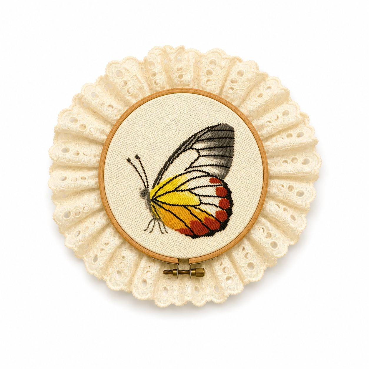 Cross Stitch Butterfly on Hoop l with Lace Wall Decor Handmade Vintage Gallery Art