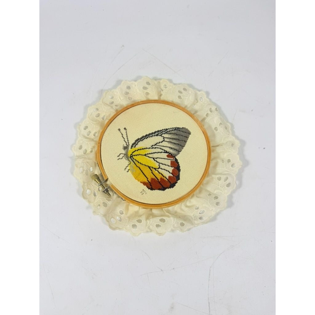 Cross Stitch Butterfly on Hoop l with Lace Wall Decor Handmade Vintage Gallery Art
