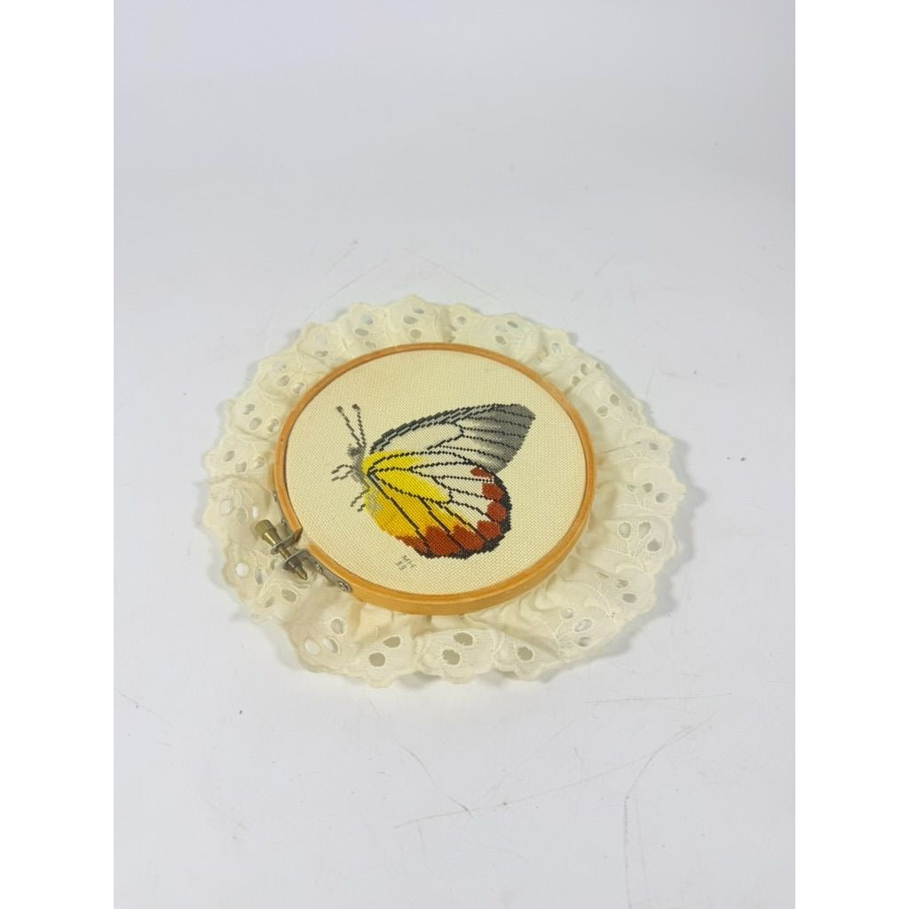 Cross Stitch Butterfly on Hoop l with Lace Wall Decor Handmade Vintage Gallery Art