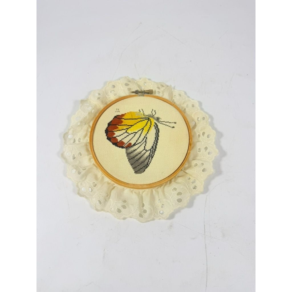 Cross Stitch Butterfly on Hoop l with Lace Wall Decor Handmade Vintage Gallery Art