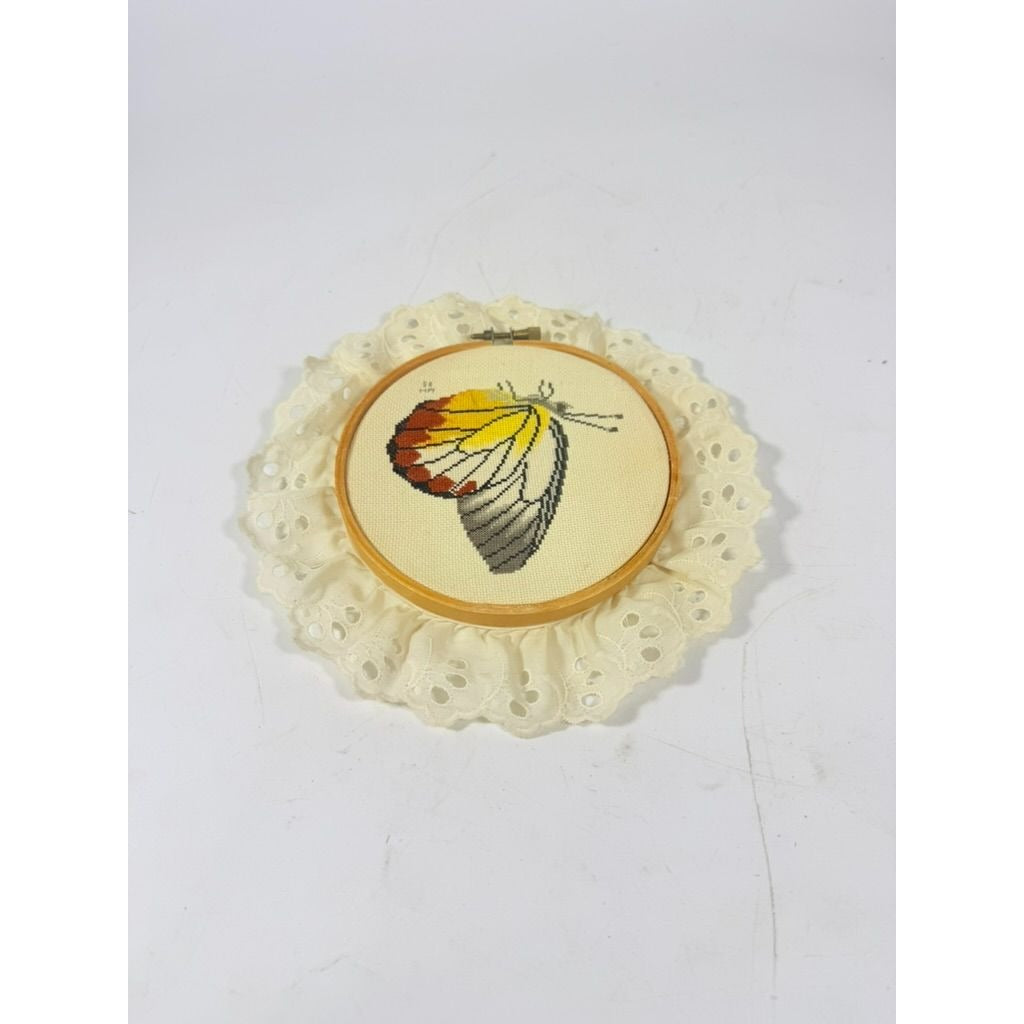 Cross Stitch Butterfly on Hoop l with Lace Wall Decor Handmade Vintage Gallery Art