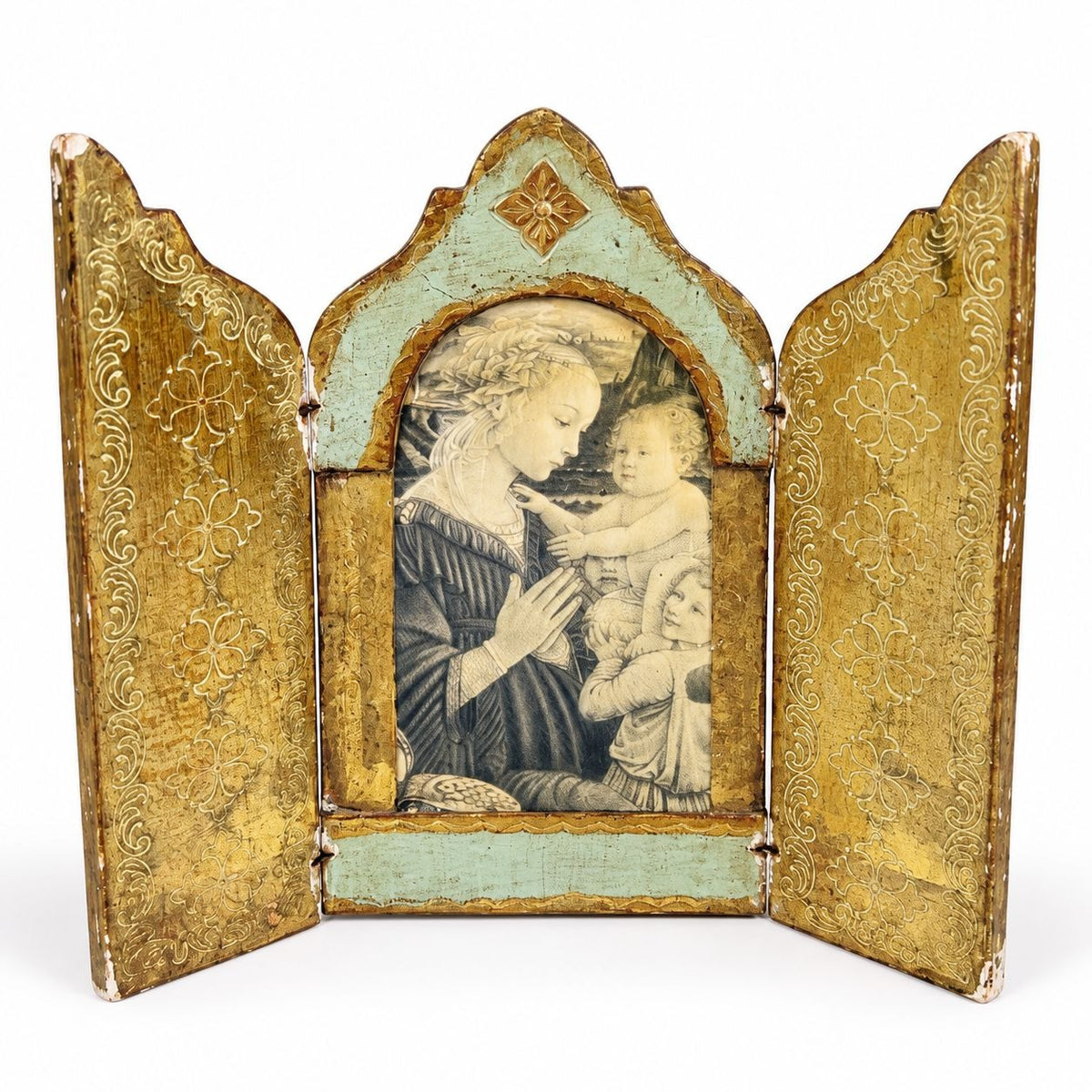 Triptych Florentine Italian Madonna Baby Jesus Tole Wood Teal Turquise Pink Icon Religious Art Vintage Italy Handpainted Cathlic Chrisitan