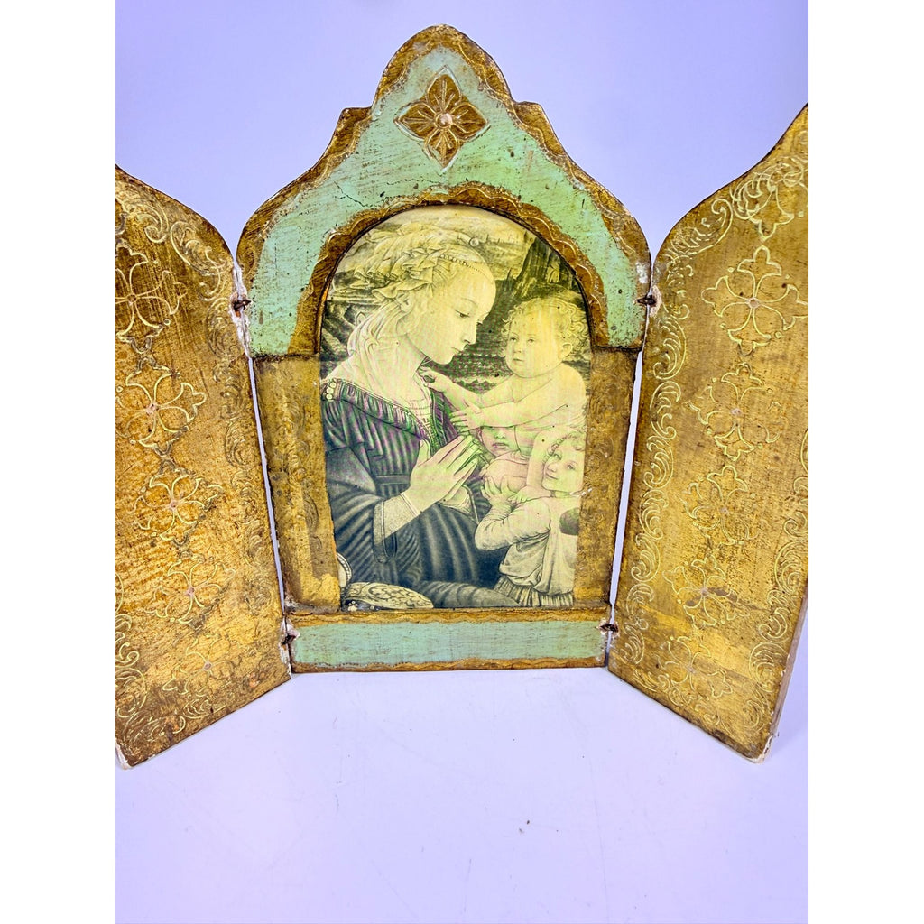 Triptych Florentine Italian Madonna Baby Jesus Tole Wood Teal Turquise Pink Icon Religious Art Vintage Italy Handpainted Cathlic Chrisitan