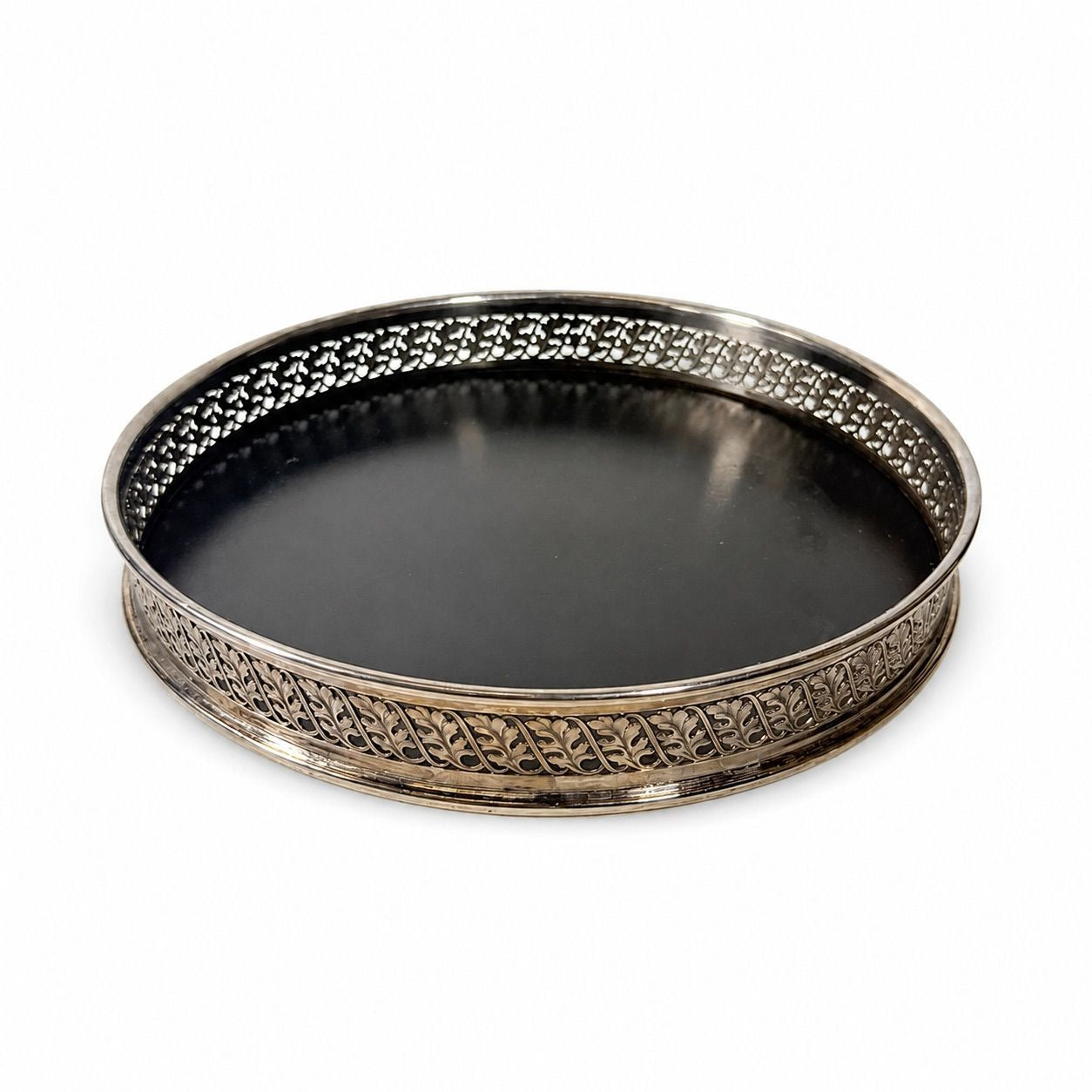 Butlers Serving Tray William Adams Towle Vintage Black Formica Round Silver Plate Pierced Side 12" Barware Serveware Wedding Gift Home Decor