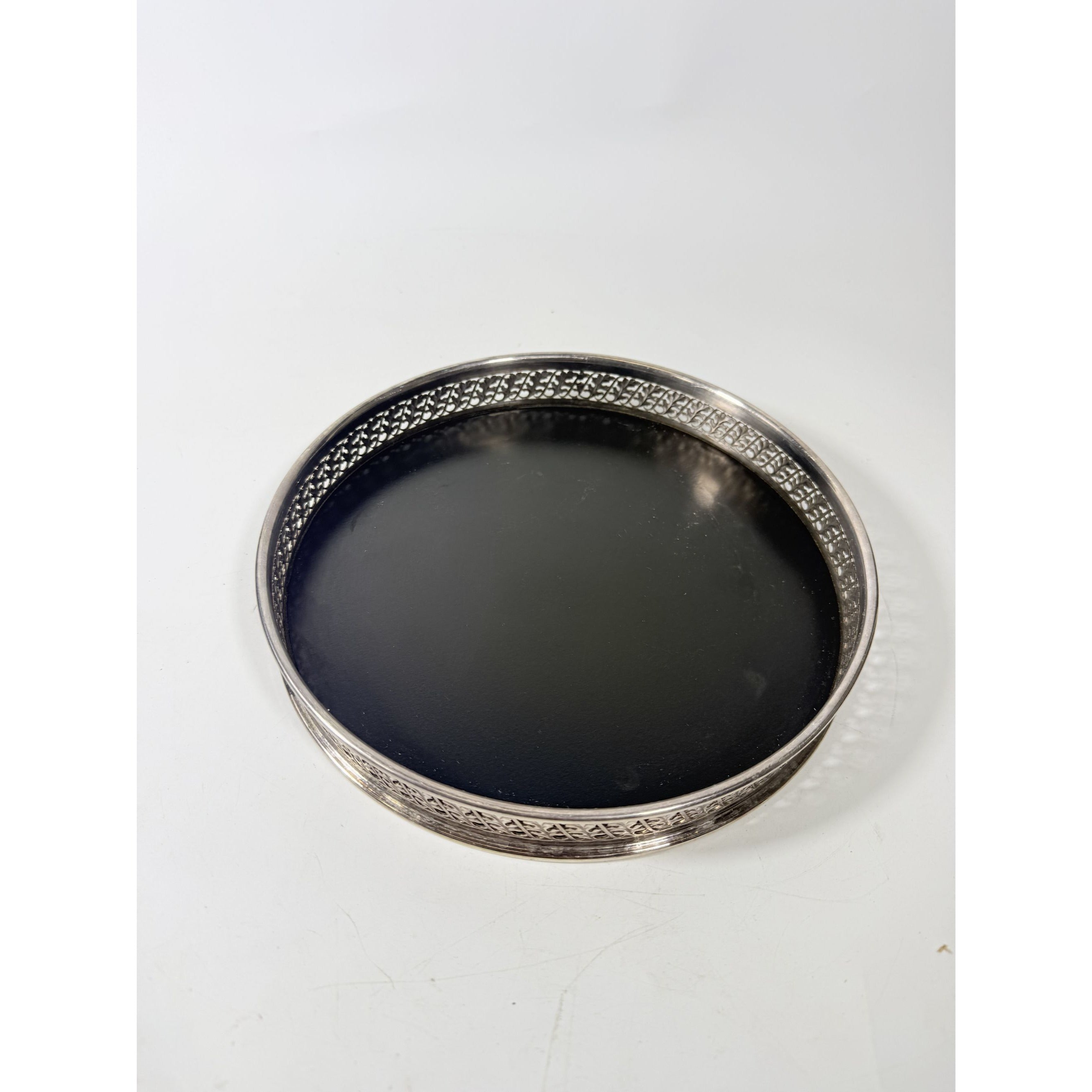 Butlers Serving Tray William Adams Towle Vintage Black Formica Round Silver Plate Pierced Side 12" Barware Serveware Wedding Gift Home Decor