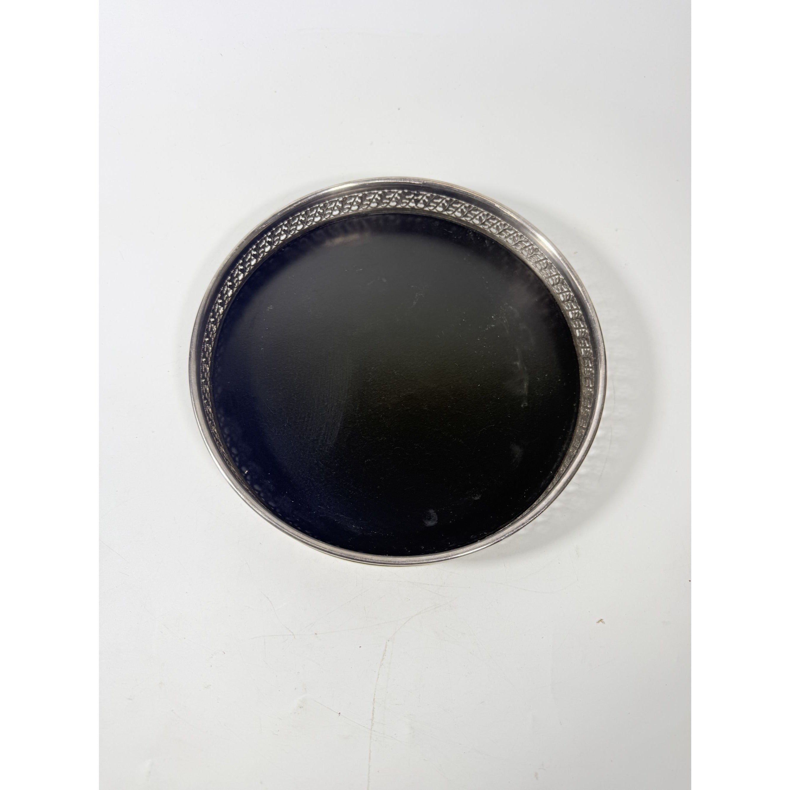 Butlers Serving Tray William Adams Towle Vintage Black Formica Round Silver Plate Pierced Side 12" Barware Serveware Wedding Gift Home Decor