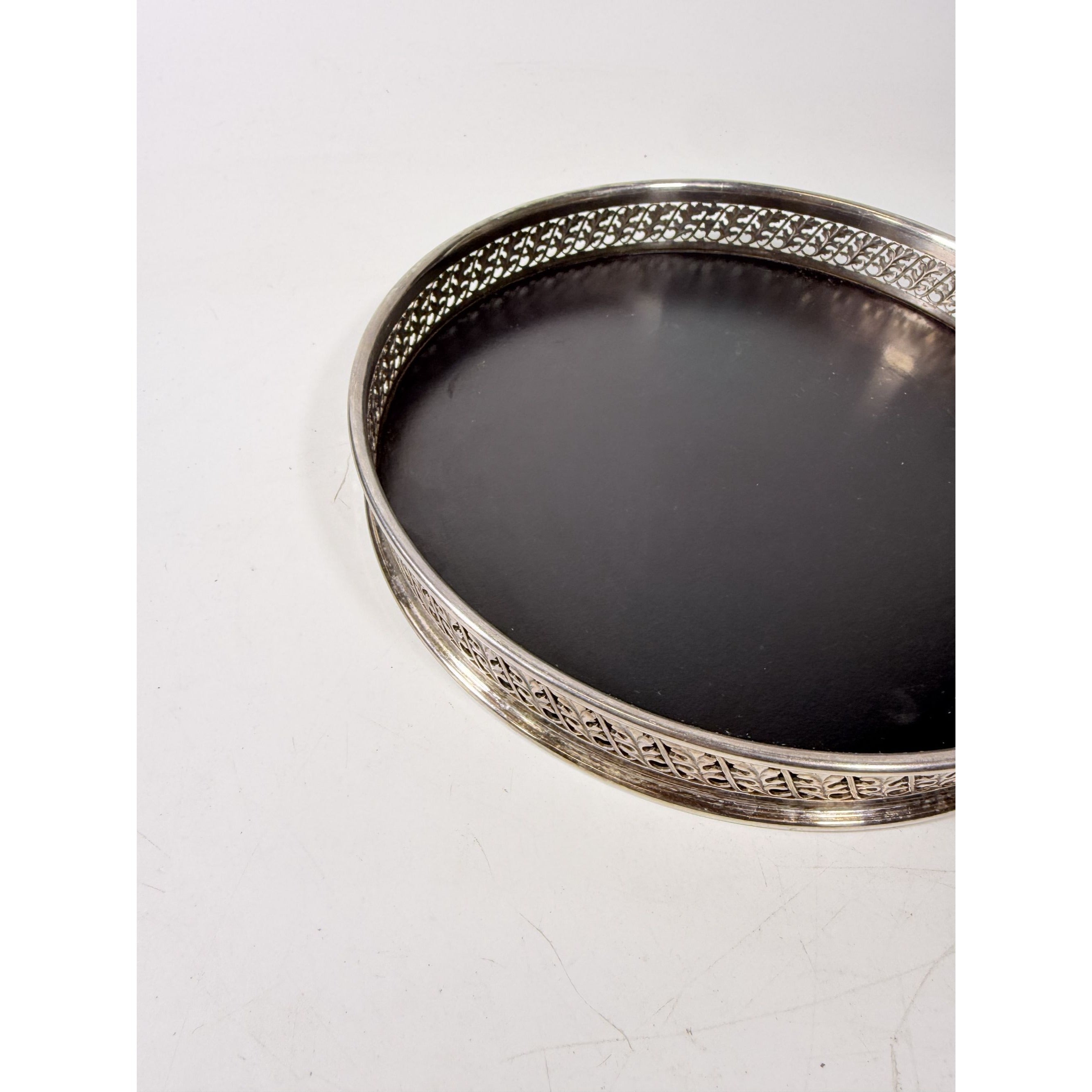 Butlers Serving Tray William Adams Towle Vintage Black Formica Round Silver Plate Pierced Side 12" Barware Serveware Wedding Gift Home Decor