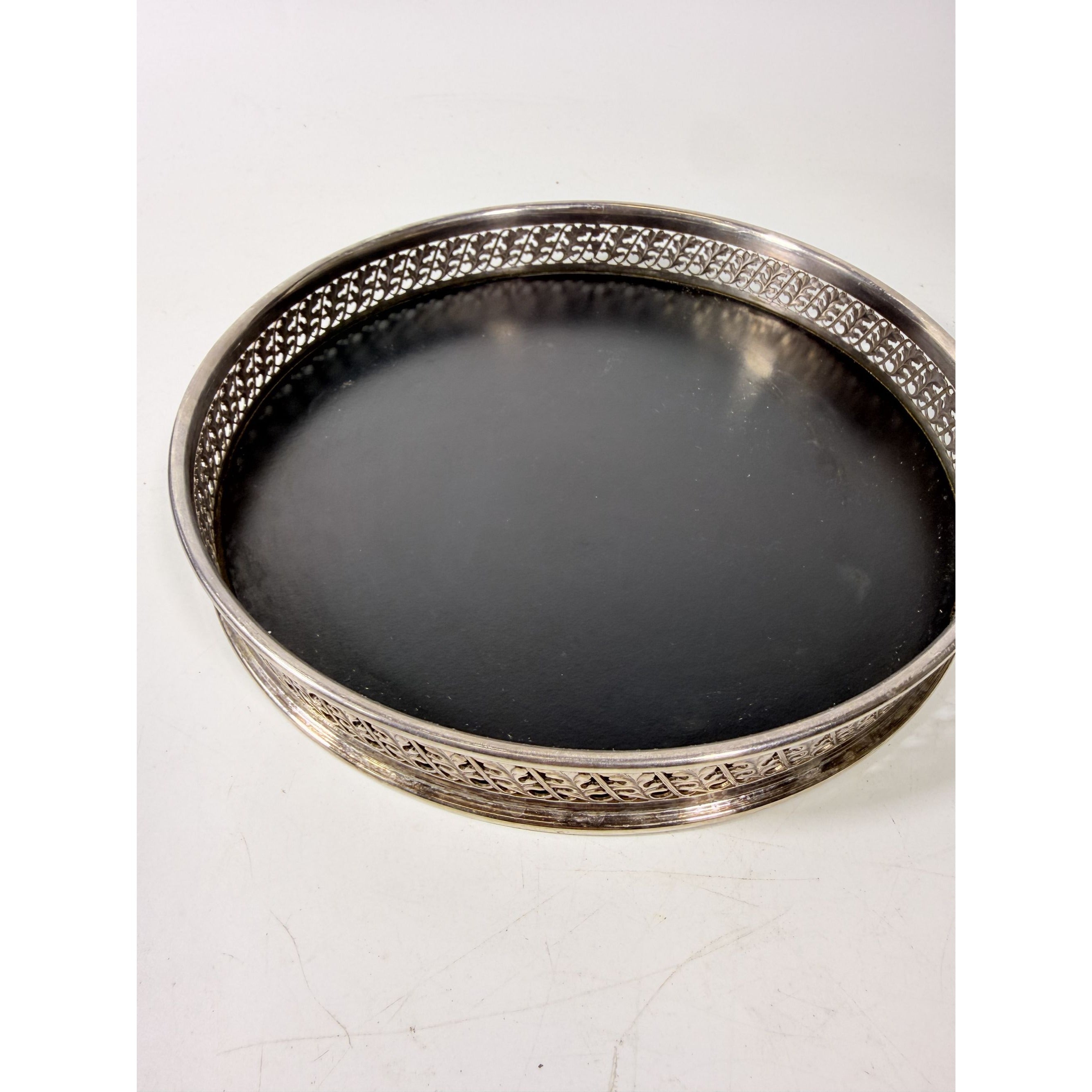 Butlers Serving Tray William Adams Towle Vintage Black Formica Round Silver Plate Pierced Side 12" Barware Serveware Wedding Gift Home Decor