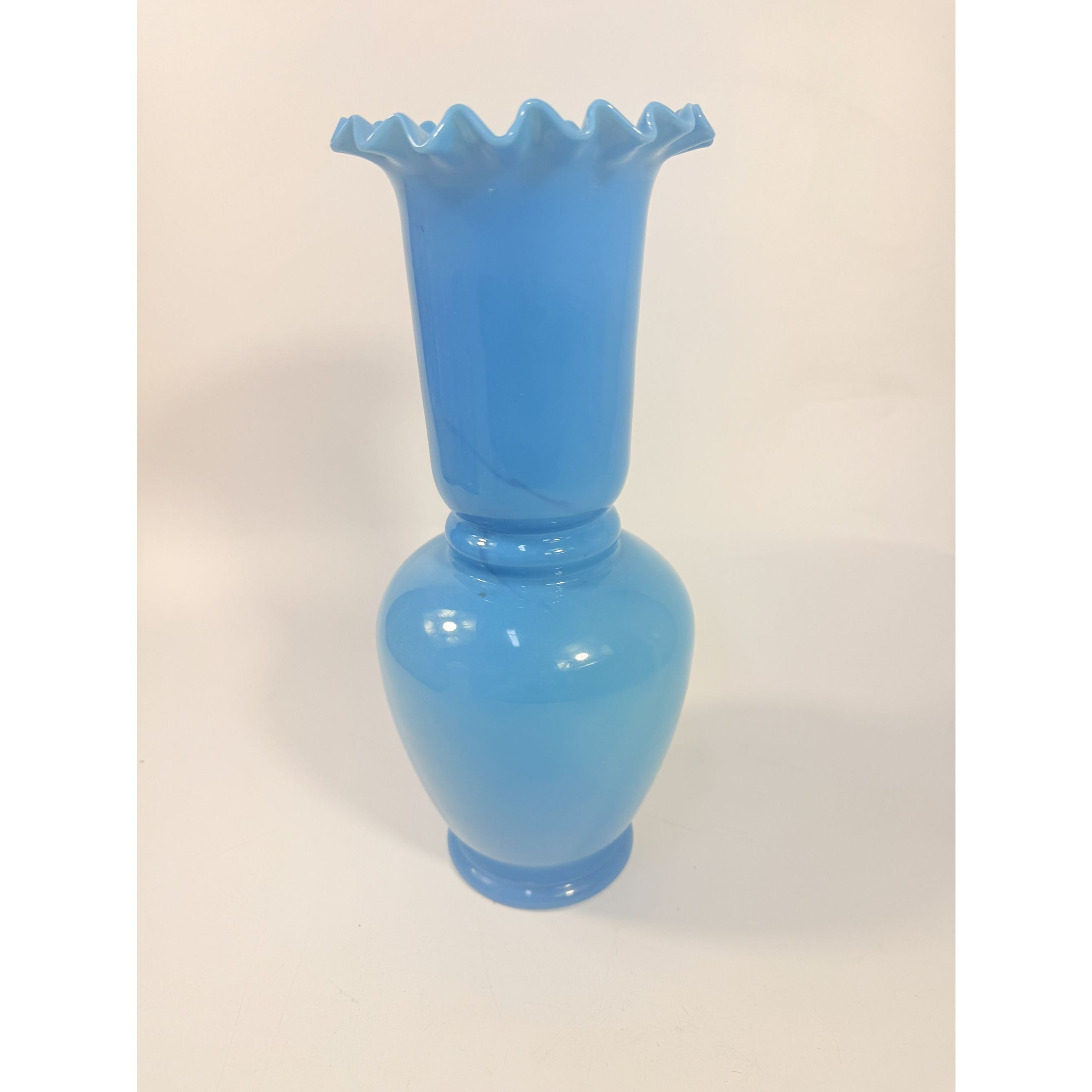 Blue Vase Bristol Glass Ruffled Antique Hand Blown Opaline Crimped Baluster-shaped Victorian Home Decor Decorative Accents Collectible