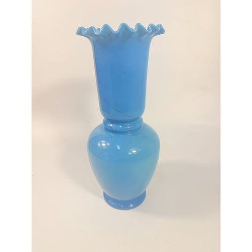 Blue Vase Bristol Glass Ruffled Antique Hand Blown Opaline Crimped Baluster-shaped Victorian Home Decor Decorative Accents Collectible