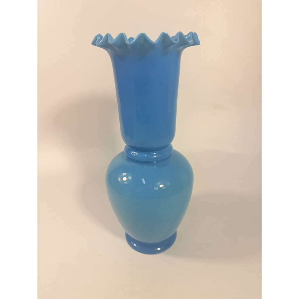 Blue Vase Bristol Glass Ruffled Antique Hand Blown Opaline Crimped Baluster-shaped Victorian Home Decor Decorative Accents Collectible